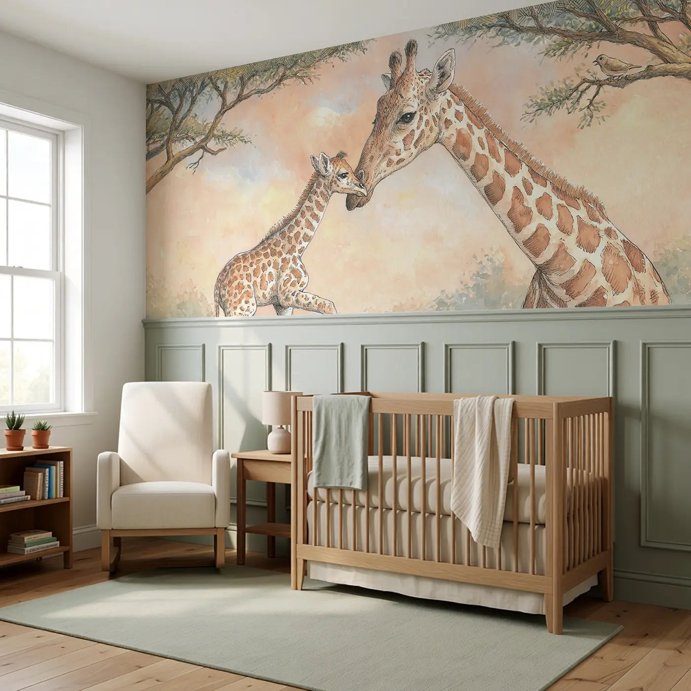 Giraffe Calf First Steps Wainscoting Wallpaper styled in a kids bedroom by Whimsy Tots