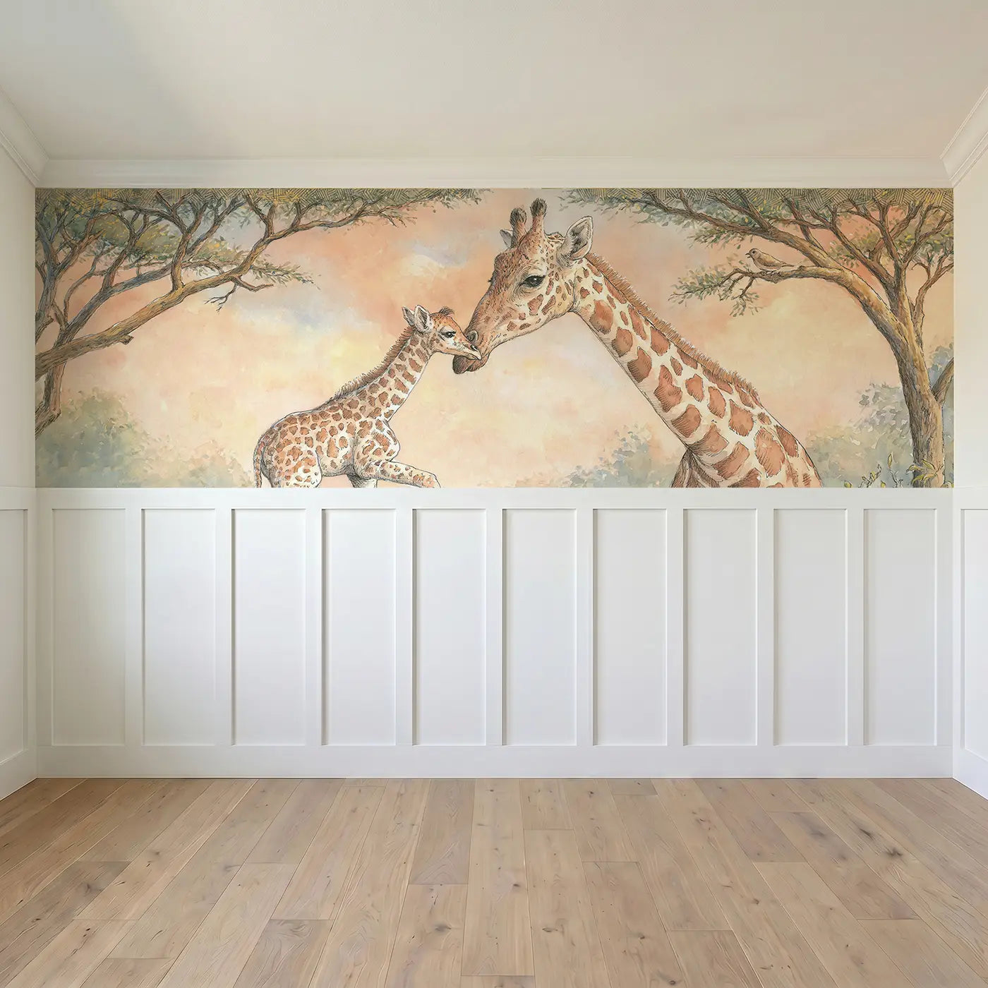 Full panel view of Giraffe Calf First Steps Wainscoting Wallpaper by Whimsy Tots