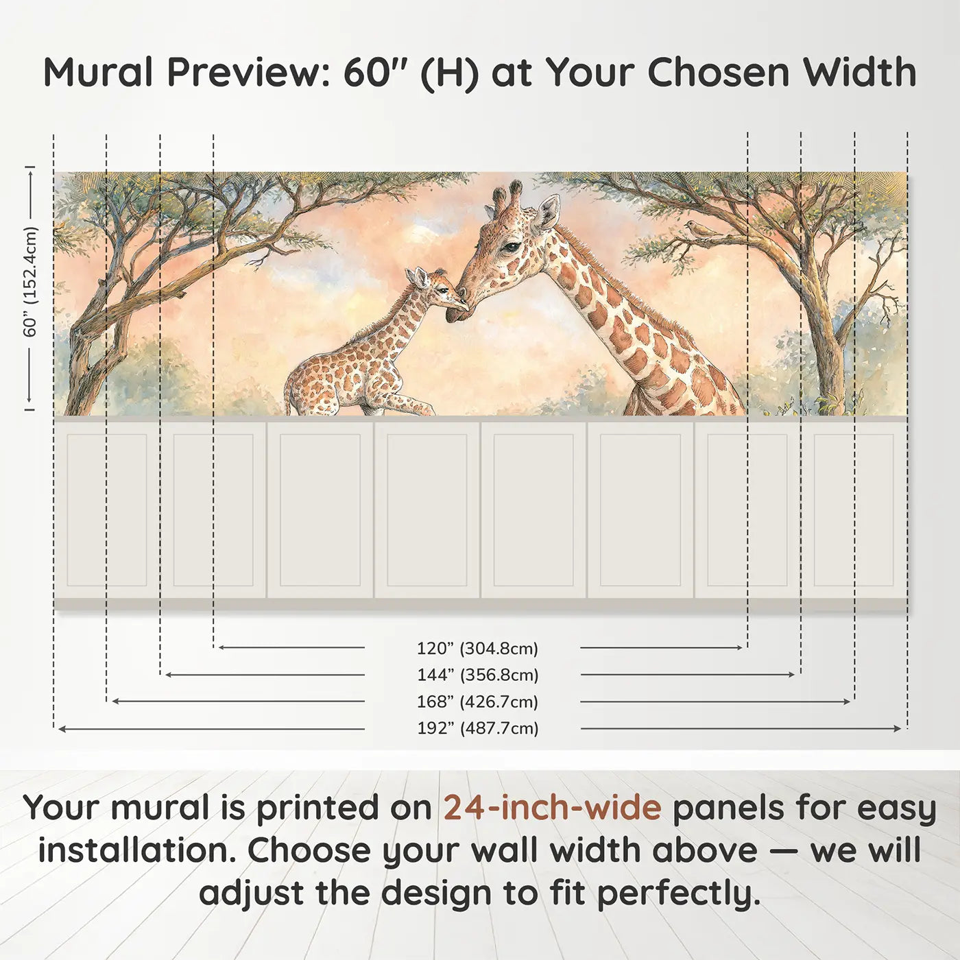 Panel dimensions for Giraffe Calf First Steps Wainscoting Wallpaper by Whimsy Tots
