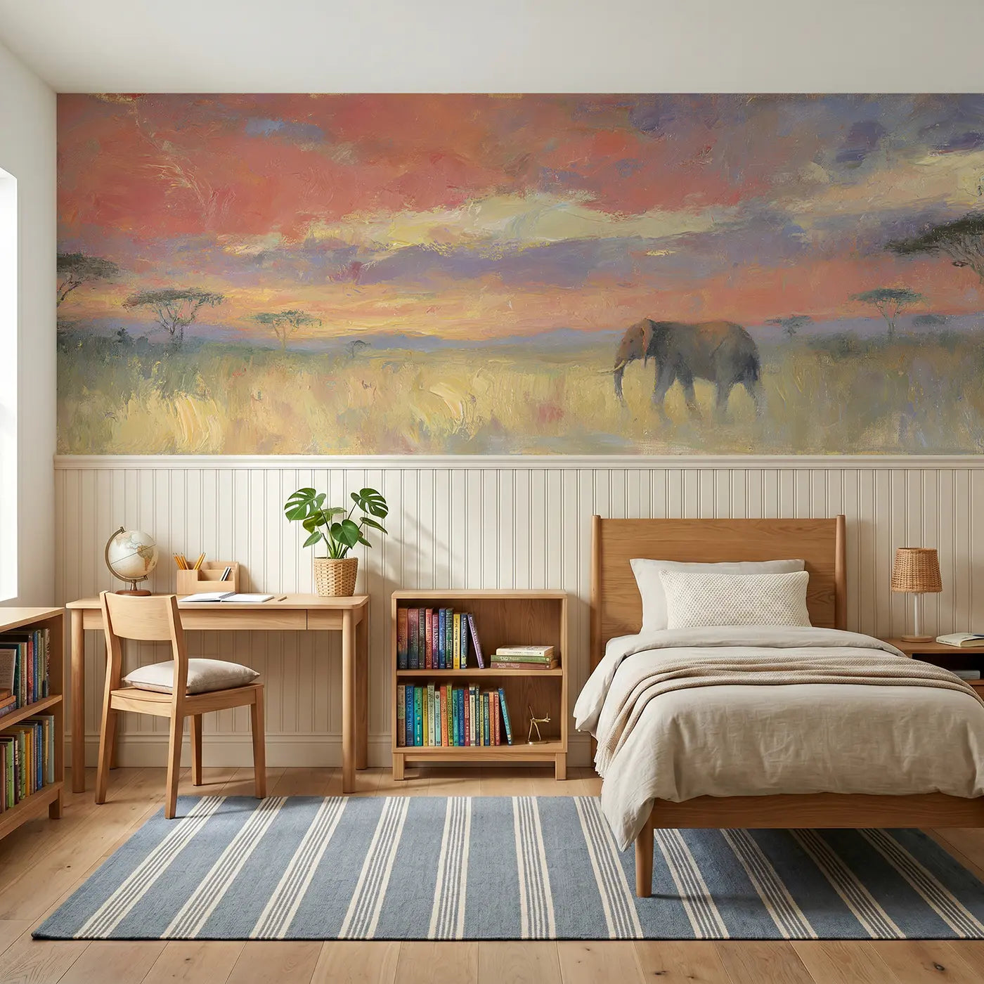 Painted Landscape savanna sunset golden glow wainscoting wallpaper for bedroom by Whimsy Tots