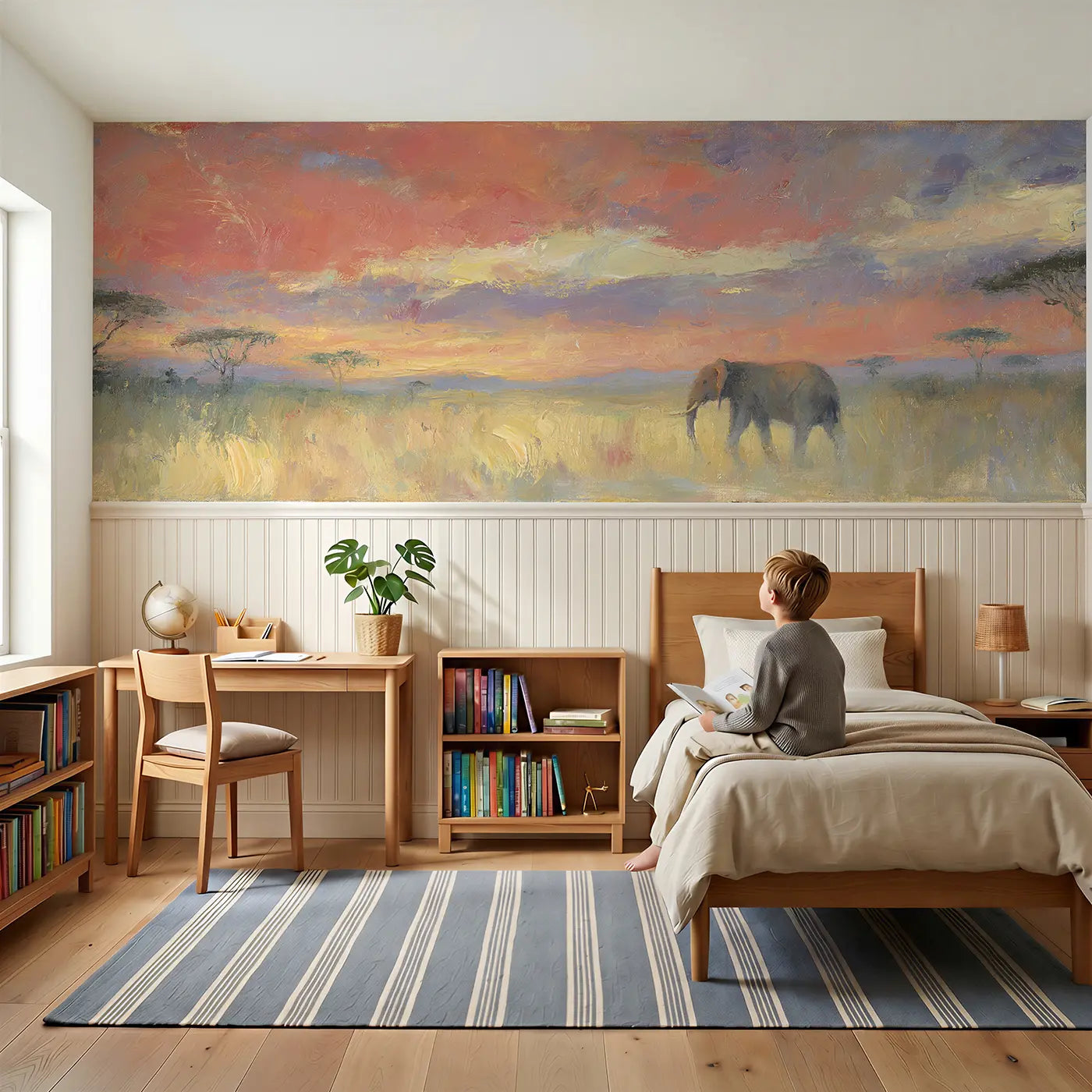 Child reading near Savanna Sunset Golden Glow Wainscoting Wallpaper by Whimsy Tots