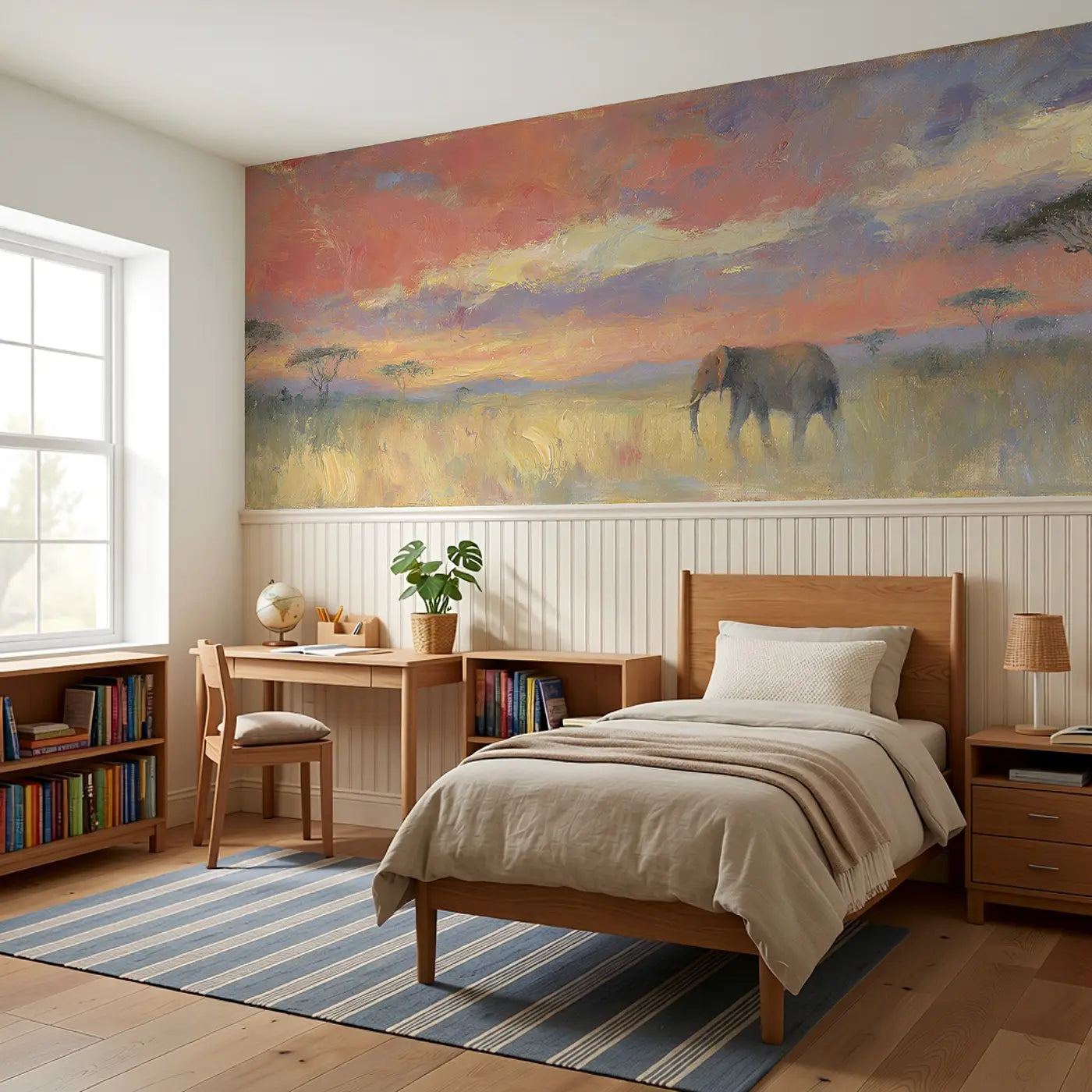 Savanna Sunset Golden Glow Wainscoting Wallpaper styled in a kids bedroom by Whimsy Tots