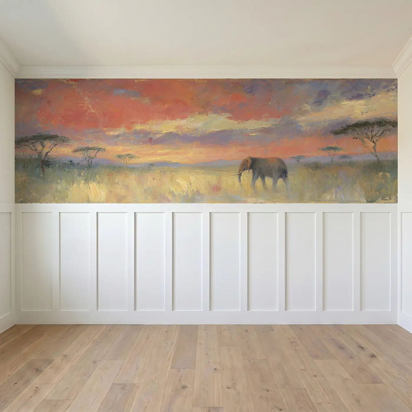 Full panel view of Savanna Sunset Golden Glow Wainscoting Wallpaper by Whimsy Tots