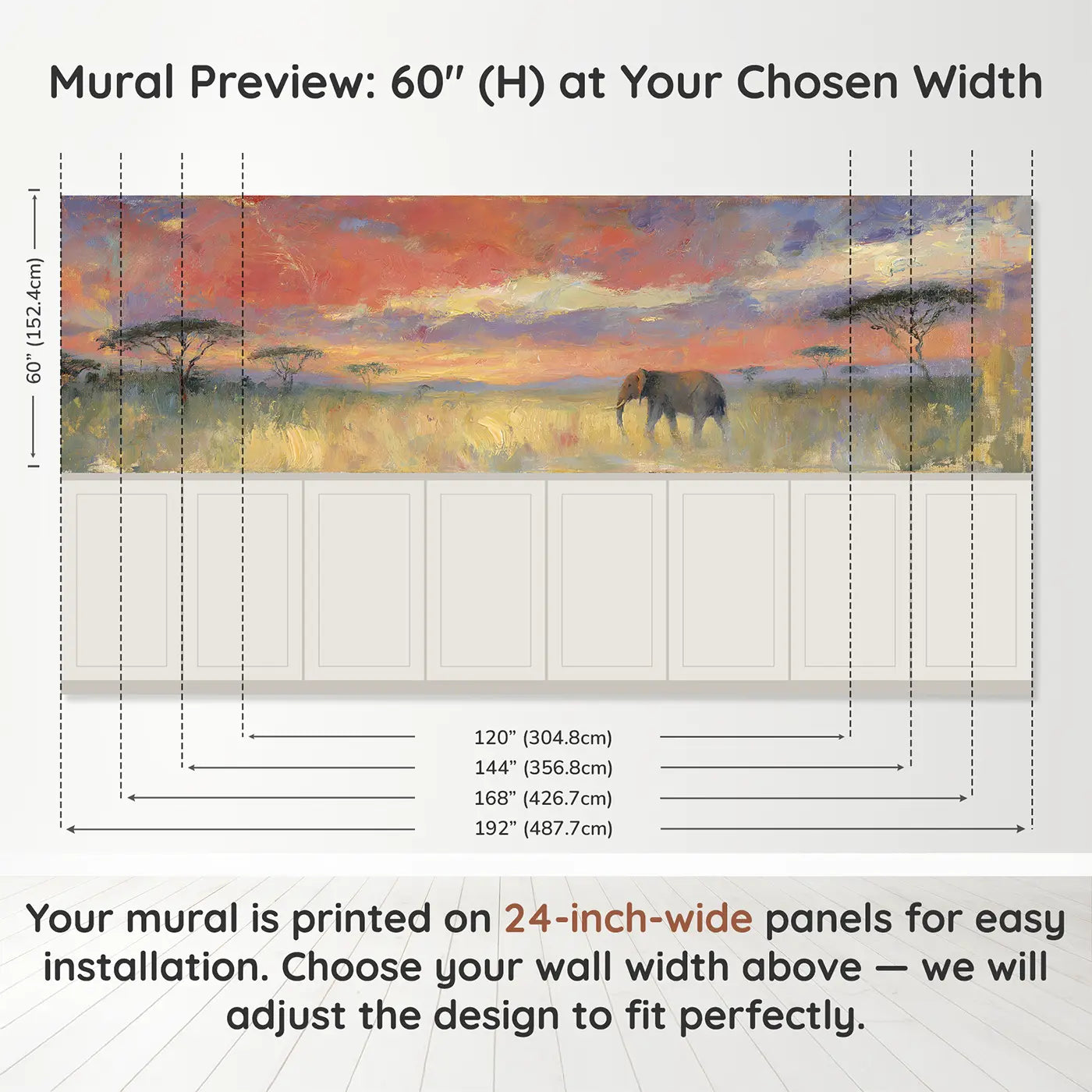 Panel dimensions for Savanna Sunset Golden Glow Wainscoting Wallpaper by Whimsy Tots