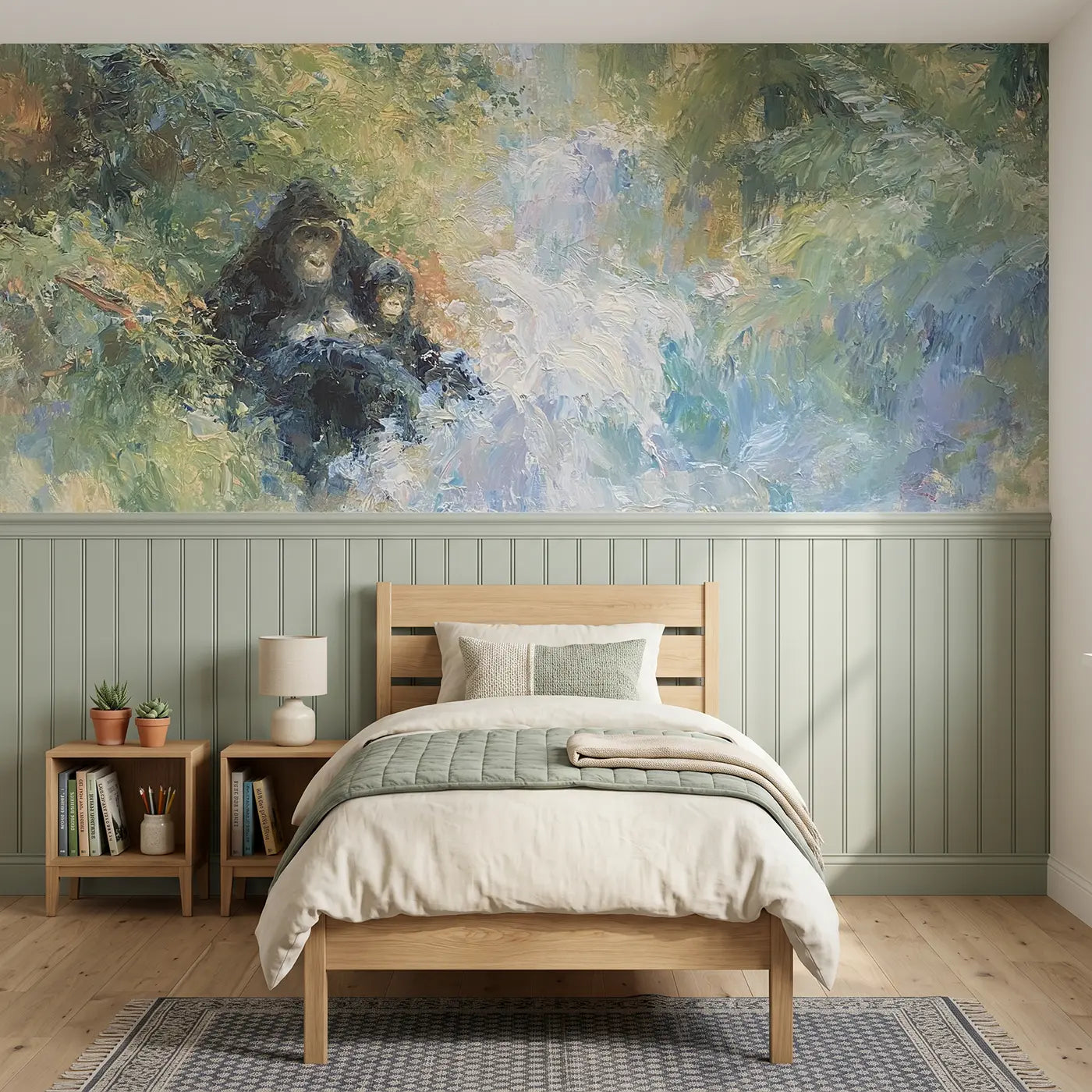 Painted Landscape jungle waterfall gorilla wainscoting wallpaper for bedroom by Whimsy Tots