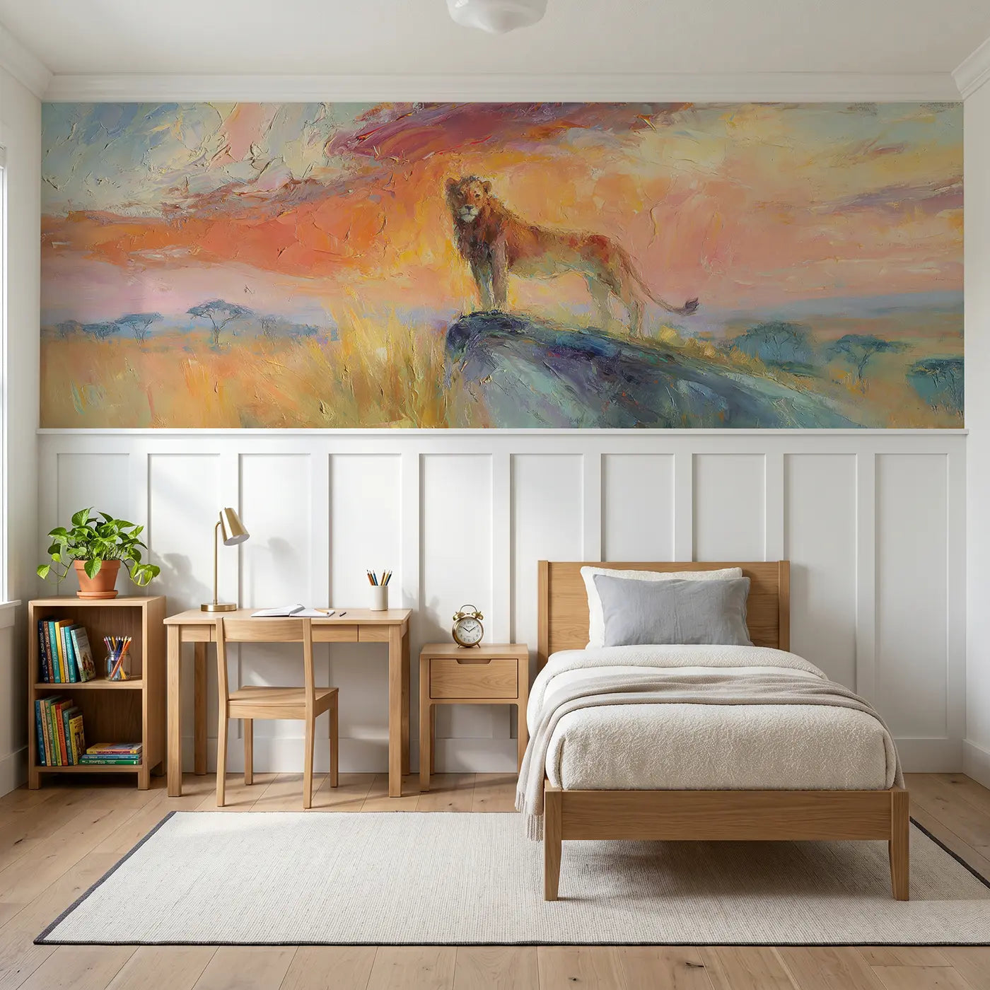 Painted Landscape lion silhouette savanna dawn wainscoting wallpaper for bedroom by Whimsy Tots