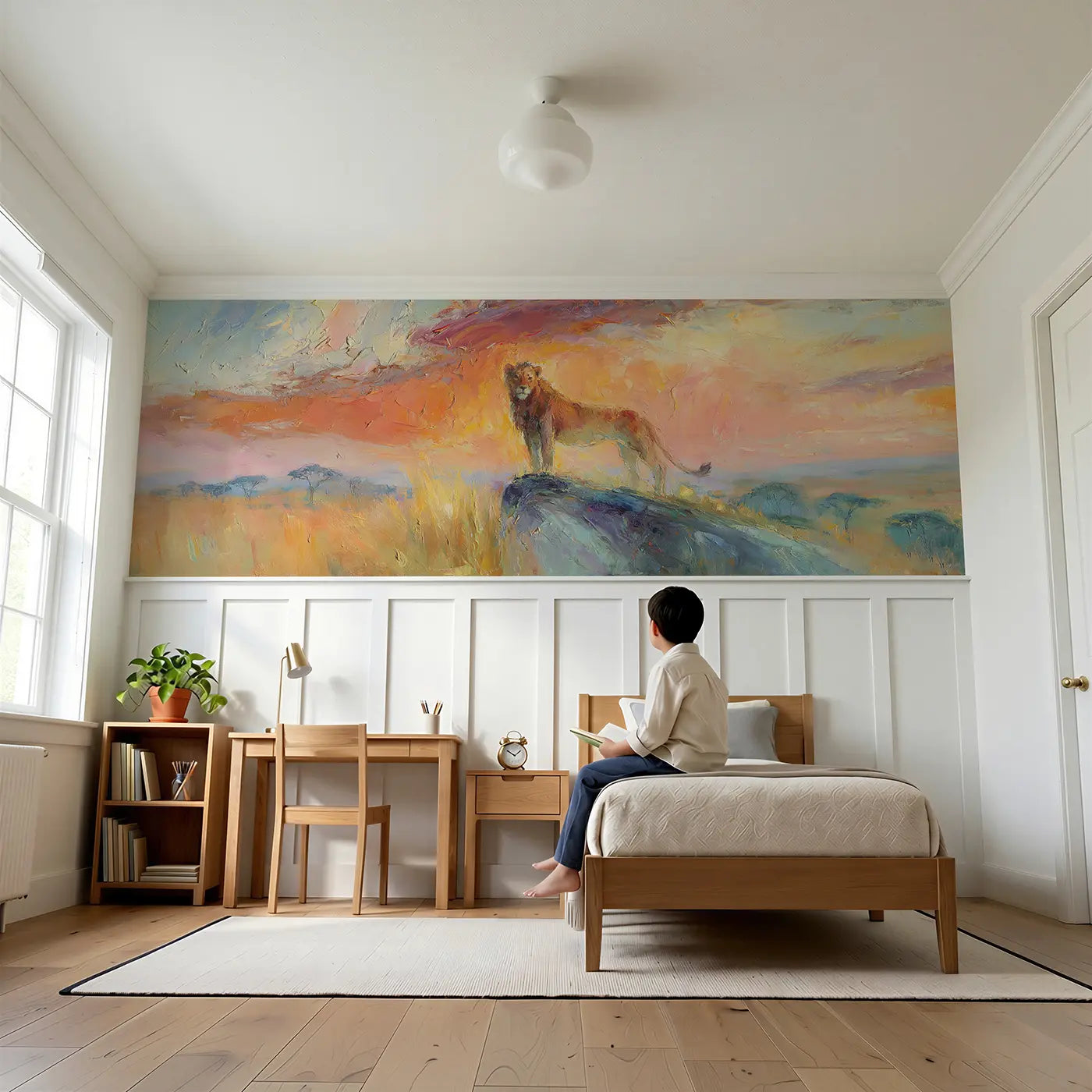 Child reading near Lion Silhouette Savanna Dawn Wainscoting Wallpaper by Whimsy Tots