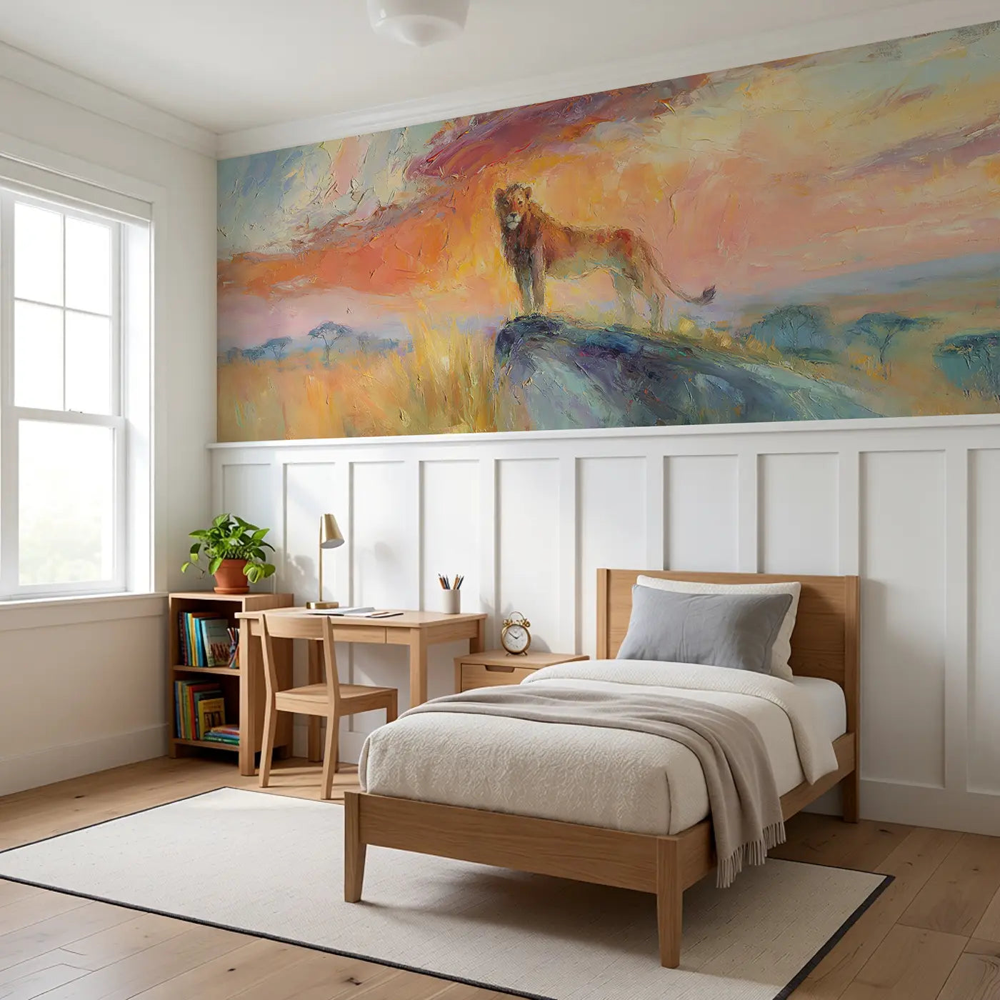 Lion Silhouette Savanna Dawn Wainscoting Wallpaper styled in a kids bedroom by Whimsy Tots