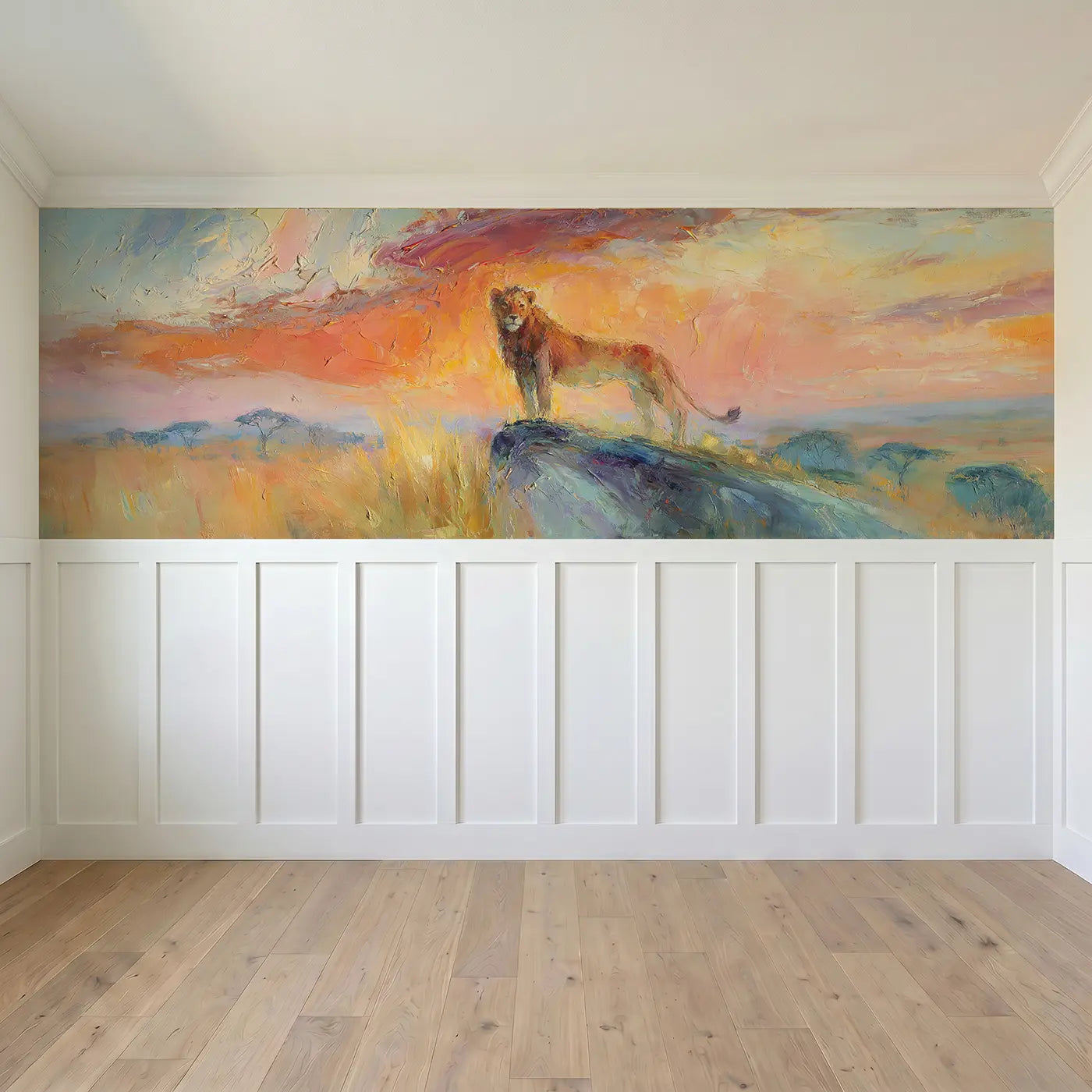 Full panel view of Lion Silhouette Savanna Dawn Wainscoting Wallpaper by Whimsy Tots