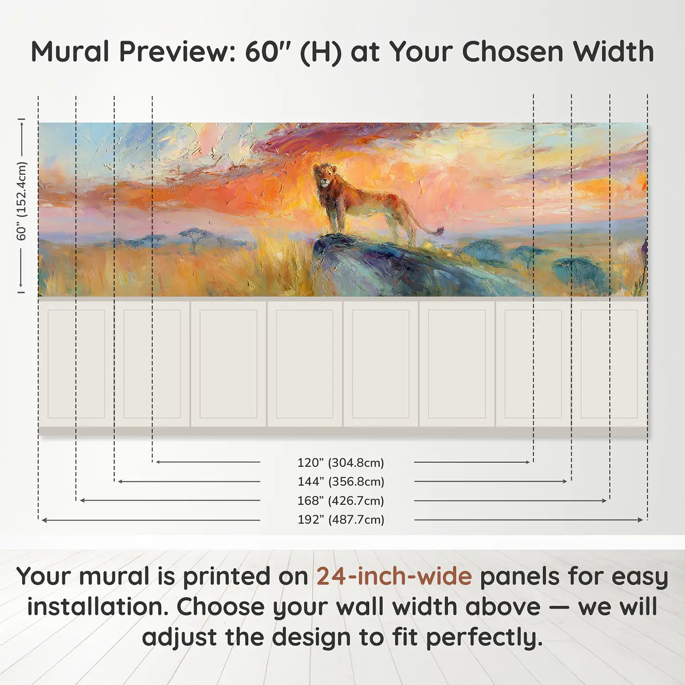 Panel dimensions for Lion Silhouette Savanna Dawn Wainscoting Wallpaper by Whimsy Tots
