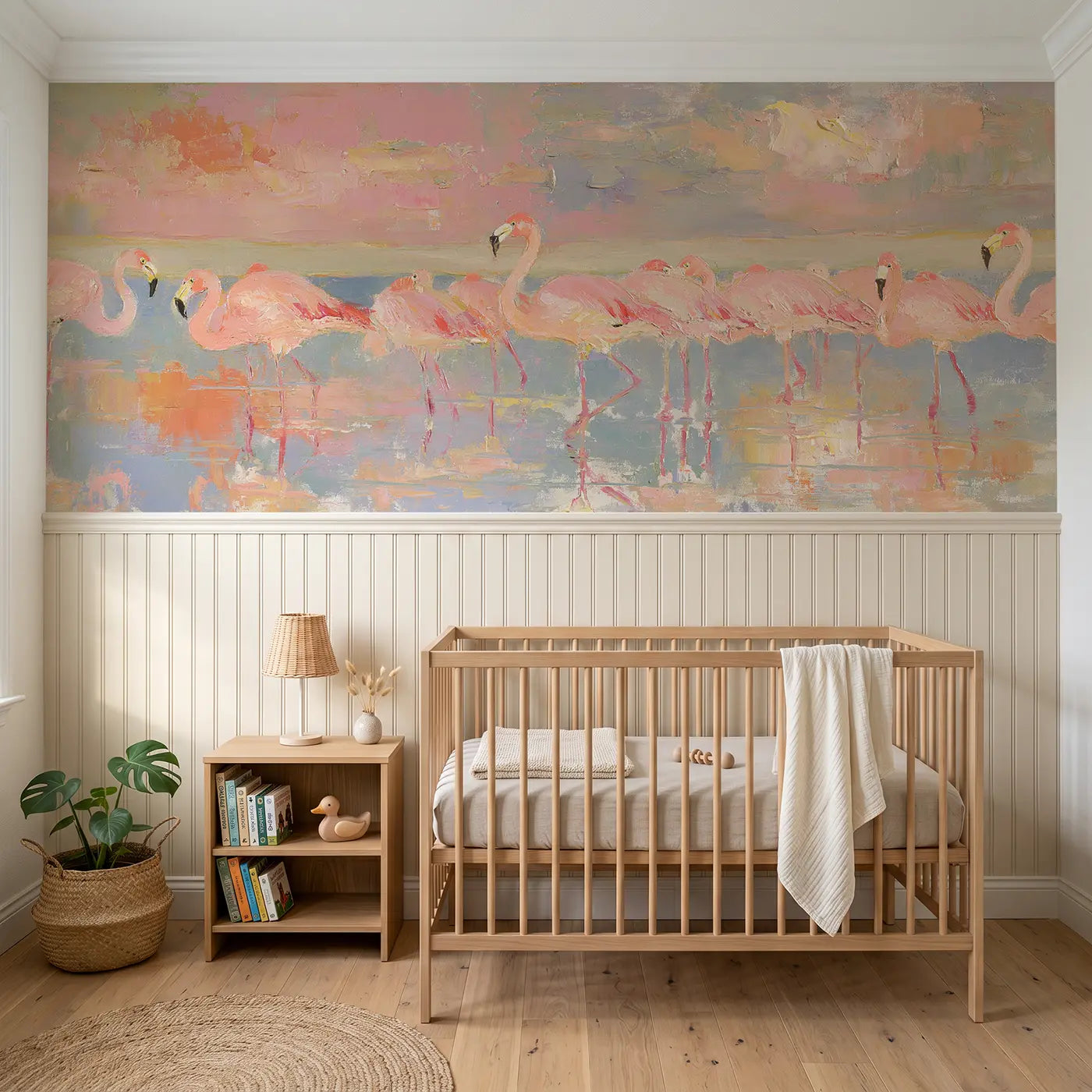 Painted Landscape flamingo lake pink sunset wainscoting wallpaper for nursery by Whimsy Tots