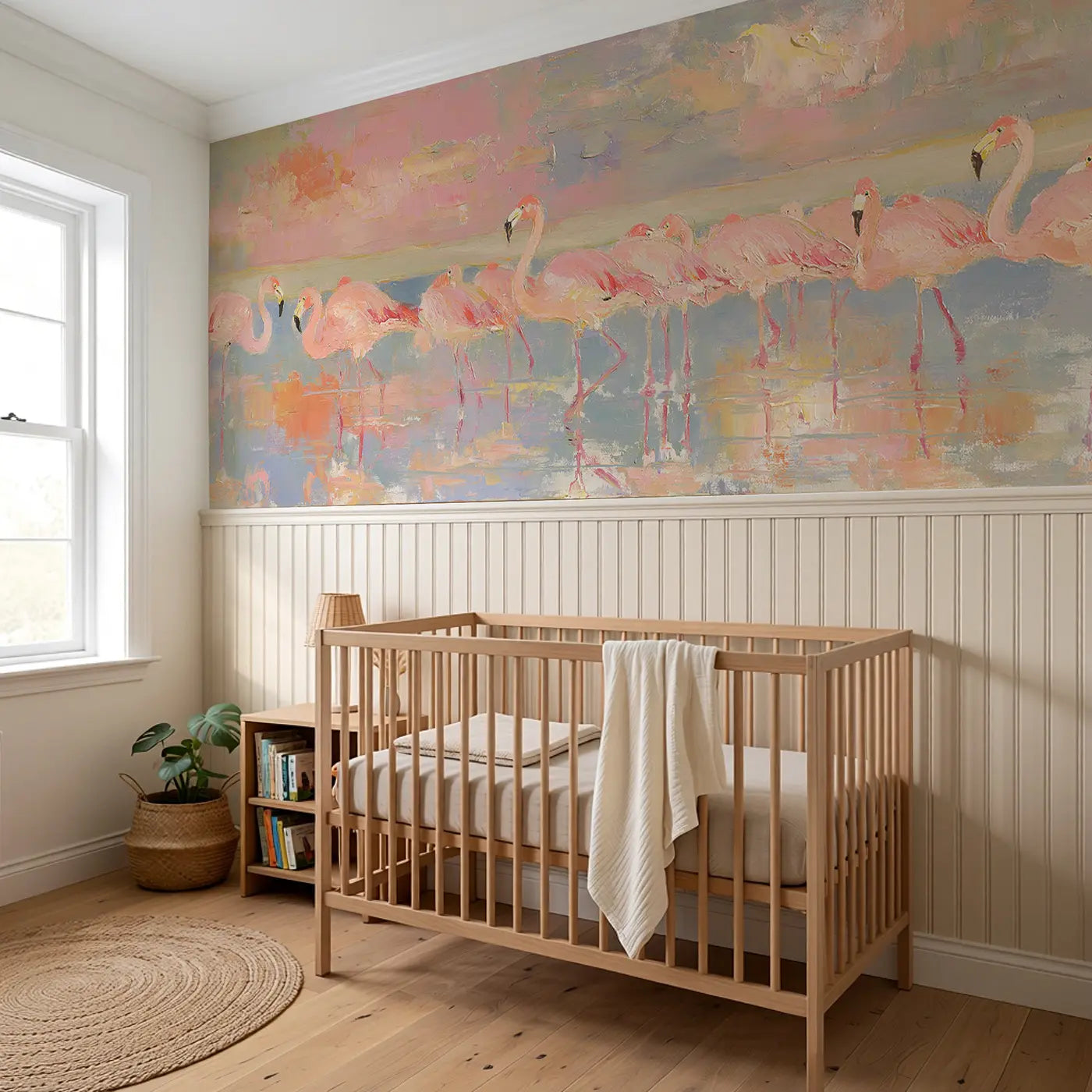 Flamingo Lake Pink Sunset Wainscoting Wallpaper styled in a kids bedroom by Whimsy Tots