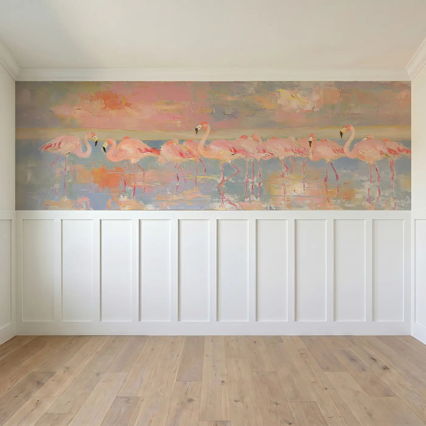 Full panel view of Flamingo Lake Pink Sunset Wainscoting Wallpaper by Whimsy Tots
