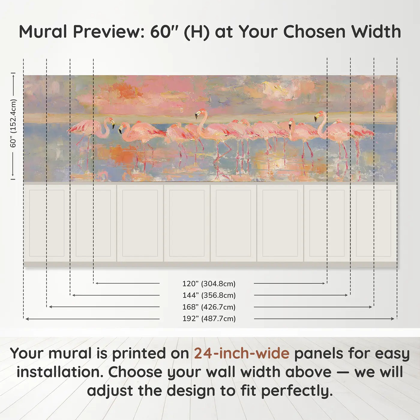 Panel dimensions for Flamingo Lake Pink Sunset Wainscoting Wallpaper by Whimsy Tots