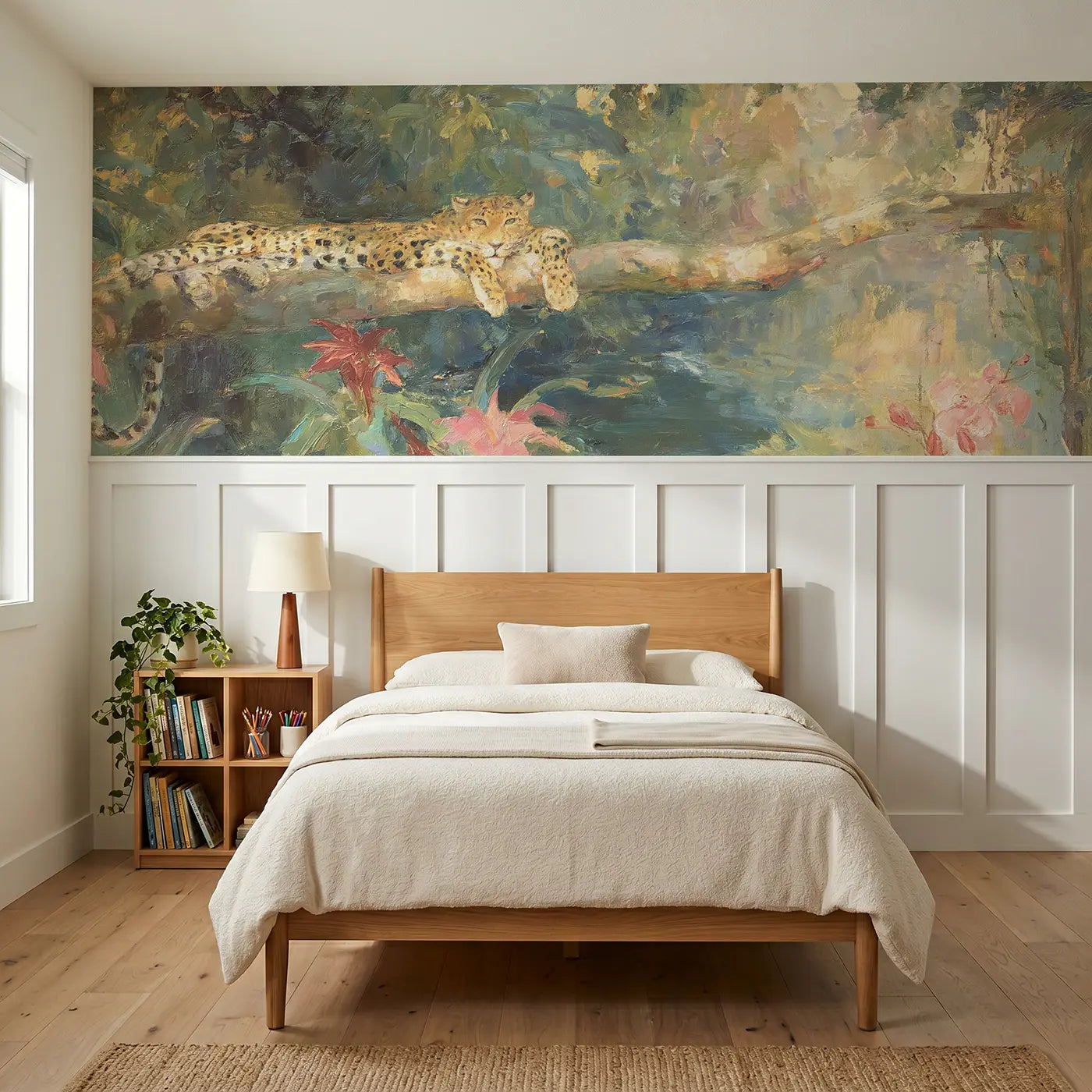 Painted Landscape jungle river leopard rest wainscoting wallpaper for bedroom by Whimsy Tots