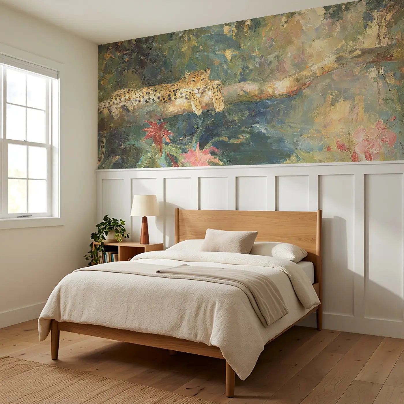 Jungle River Leopard Rest Wainscoting Wallpaper styled in a kids bedroom by Whimsy Tots