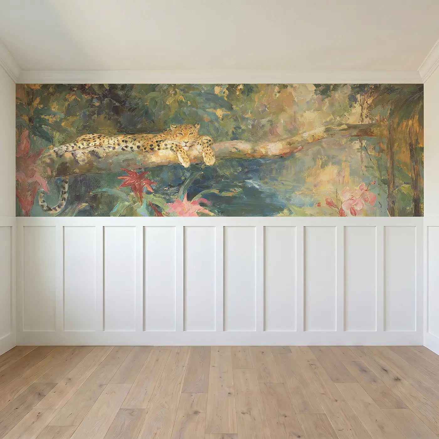 Full panel view of Jungle River Leopard Rest Wainscoting Wallpaper by Whimsy Tots