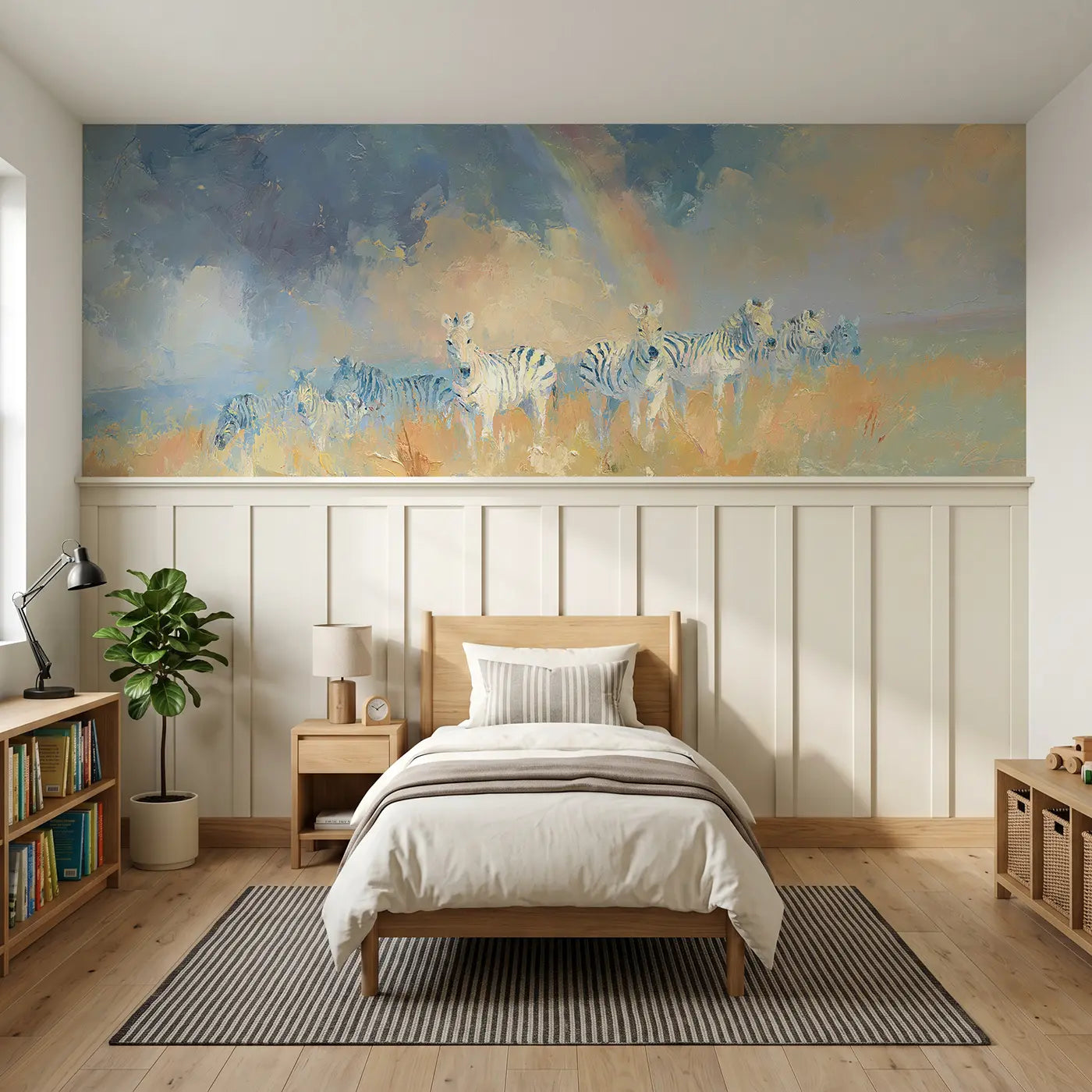 Painted Landscape zebra plains storm light wainscoting wallpaper for bedroom by Whimsy Tots