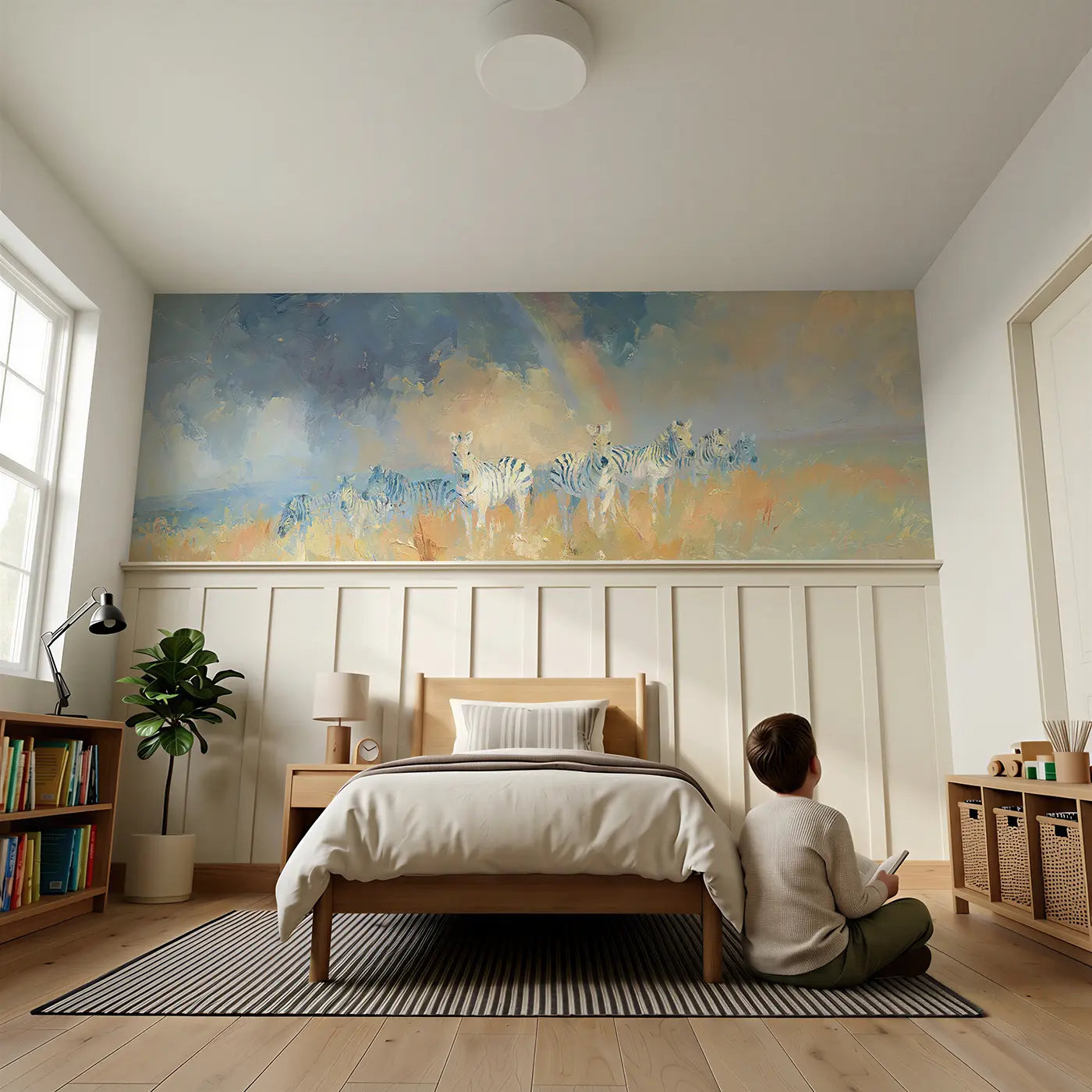 Child reading near Zebra Plains Storm Light Wainscoting Wallpaper by Whimsy Tots