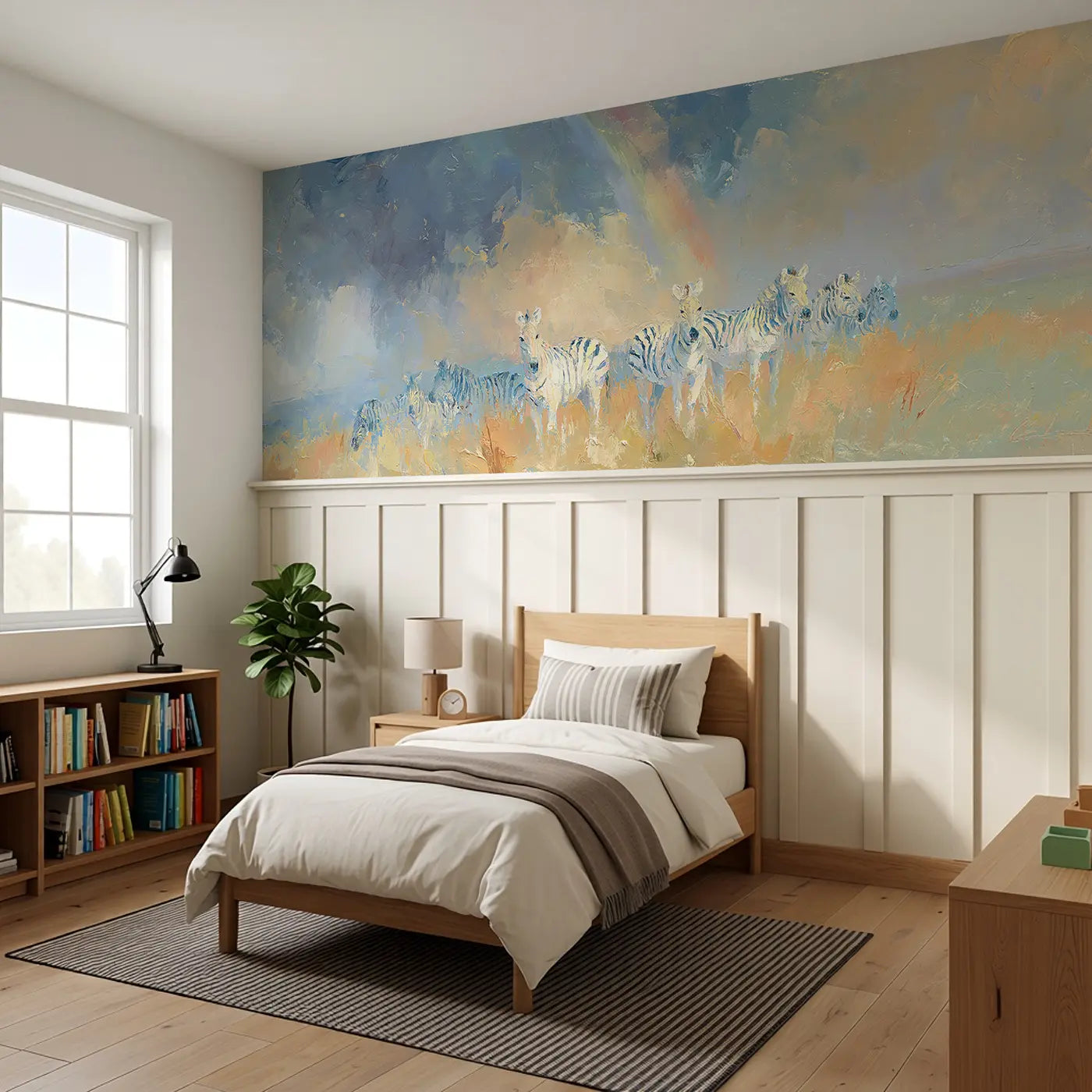 Zebra Plains Storm Light Wainscoting Wallpaper styled in a kids bedroom by Whimsy Tots