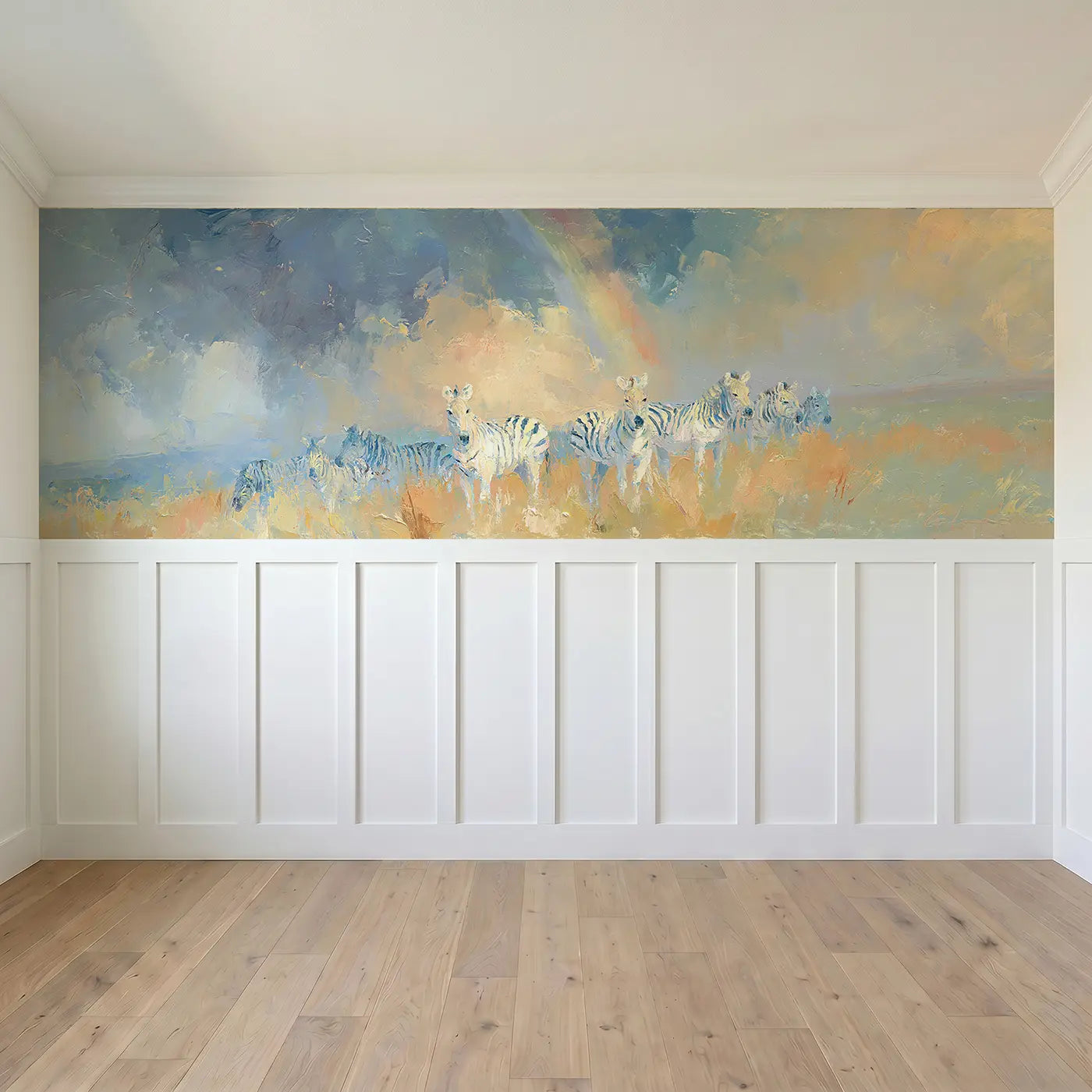 Full panel view of Zebra Plains Storm Light Wainscoting Wallpaper by Whimsy Tots