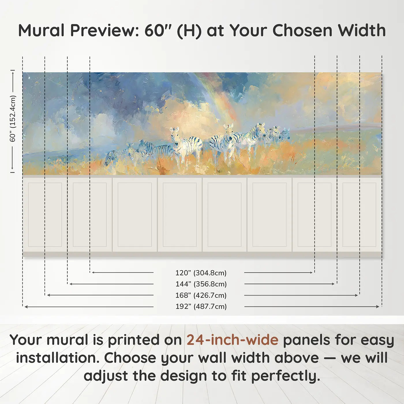Panel dimensions for Zebra Plains Storm Light Wainscoting Wallpaper by Whimsy Tots
