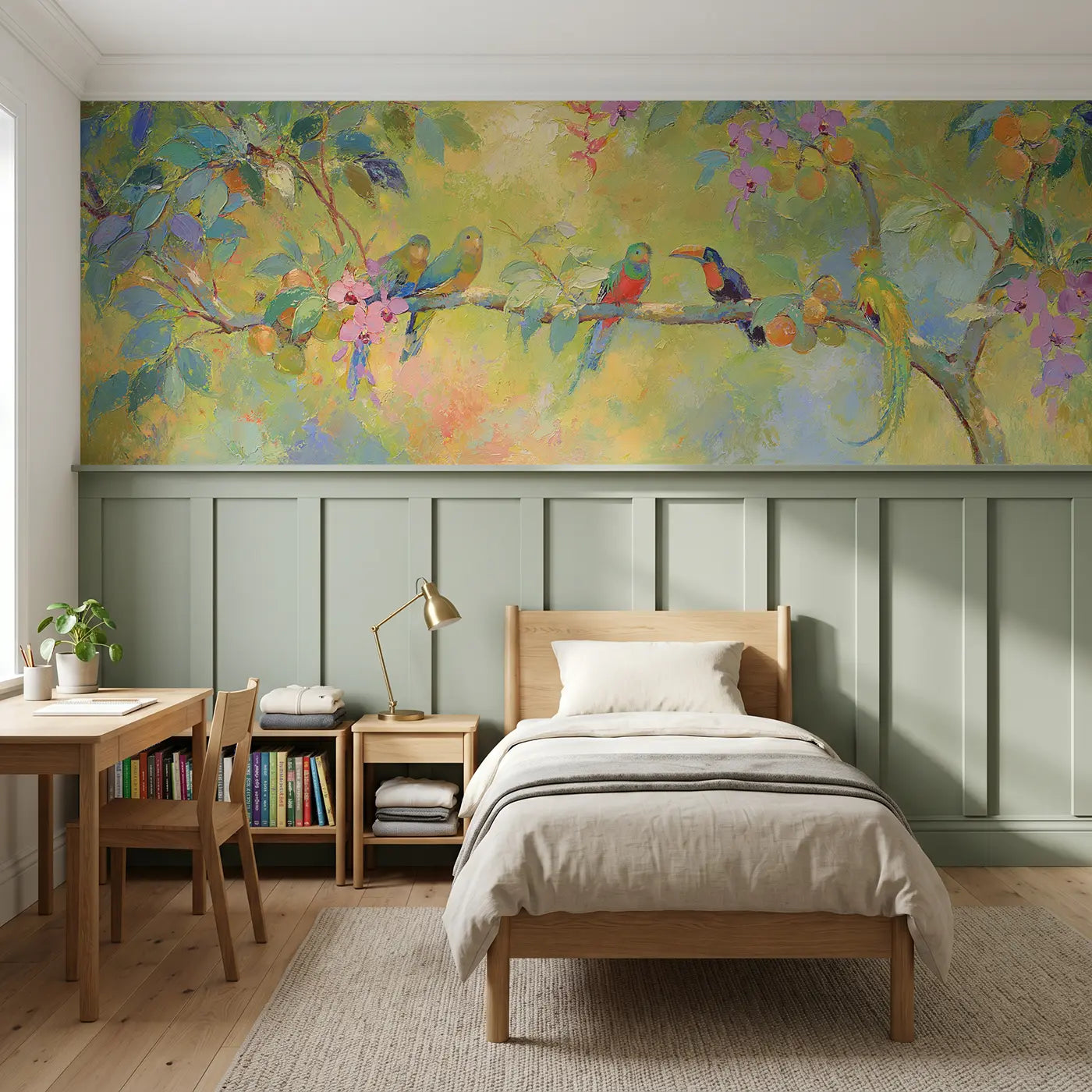 Painted Landscape tropical bird paradise tree wainscoting wallpaper for bedroom by Whimsy Tots