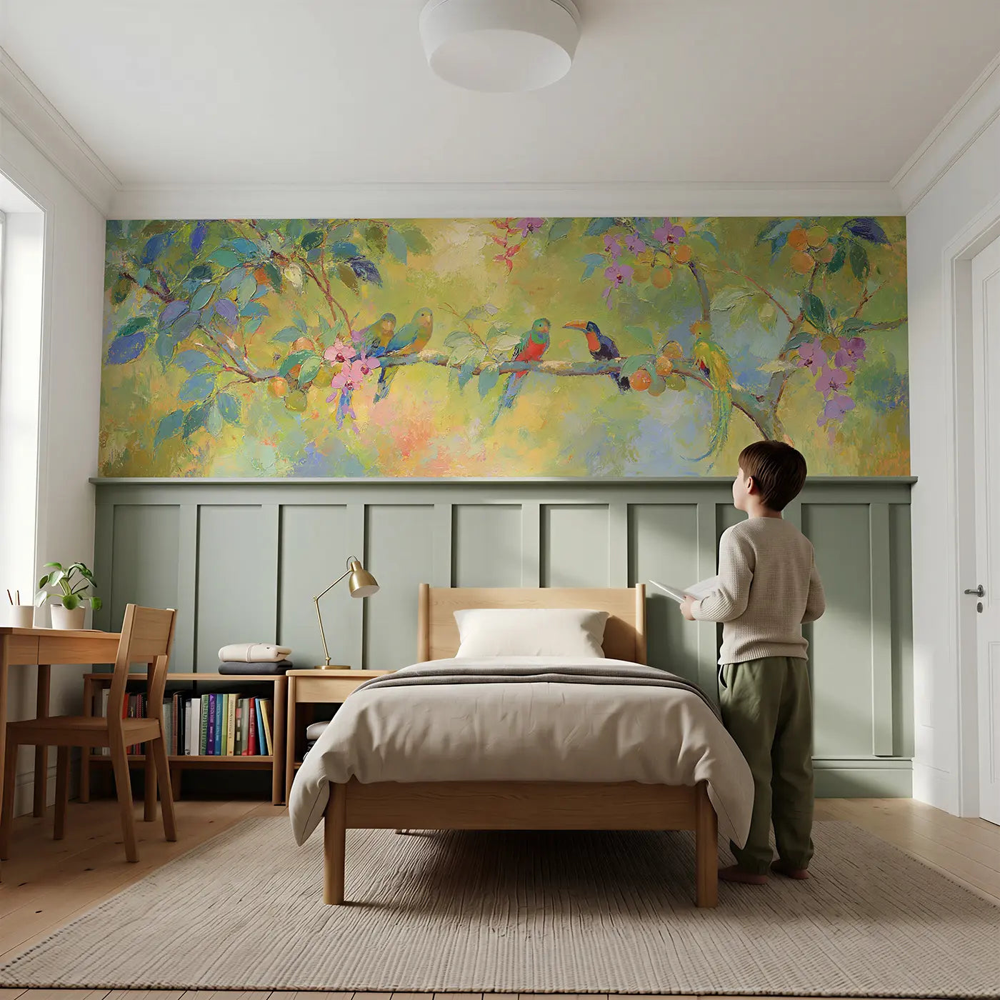 Child reading near Tropical Bird Paradise Tree Wainscoting Wallpaper by Whimsy Tots