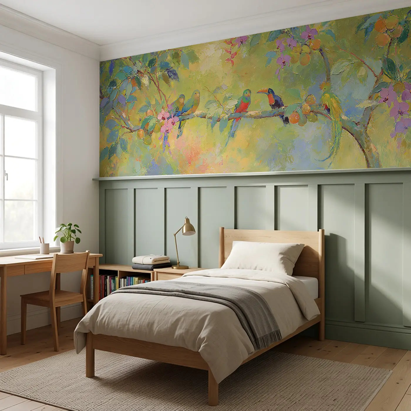 Tropical Bird Paradise Tree Wainscoting Wallpaper styled in a kids bedroom by Whimsy Tots