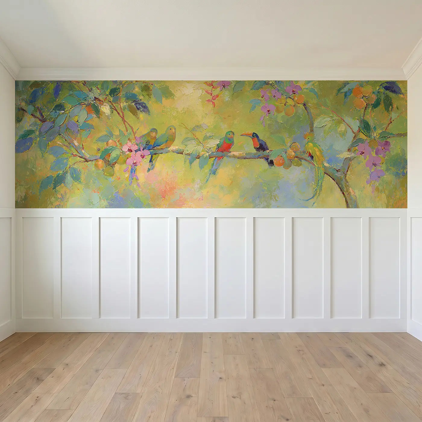 Full panel view of Tropical Bird Paradise Tree Wainscoting Wallpaper by Whimsy Tots