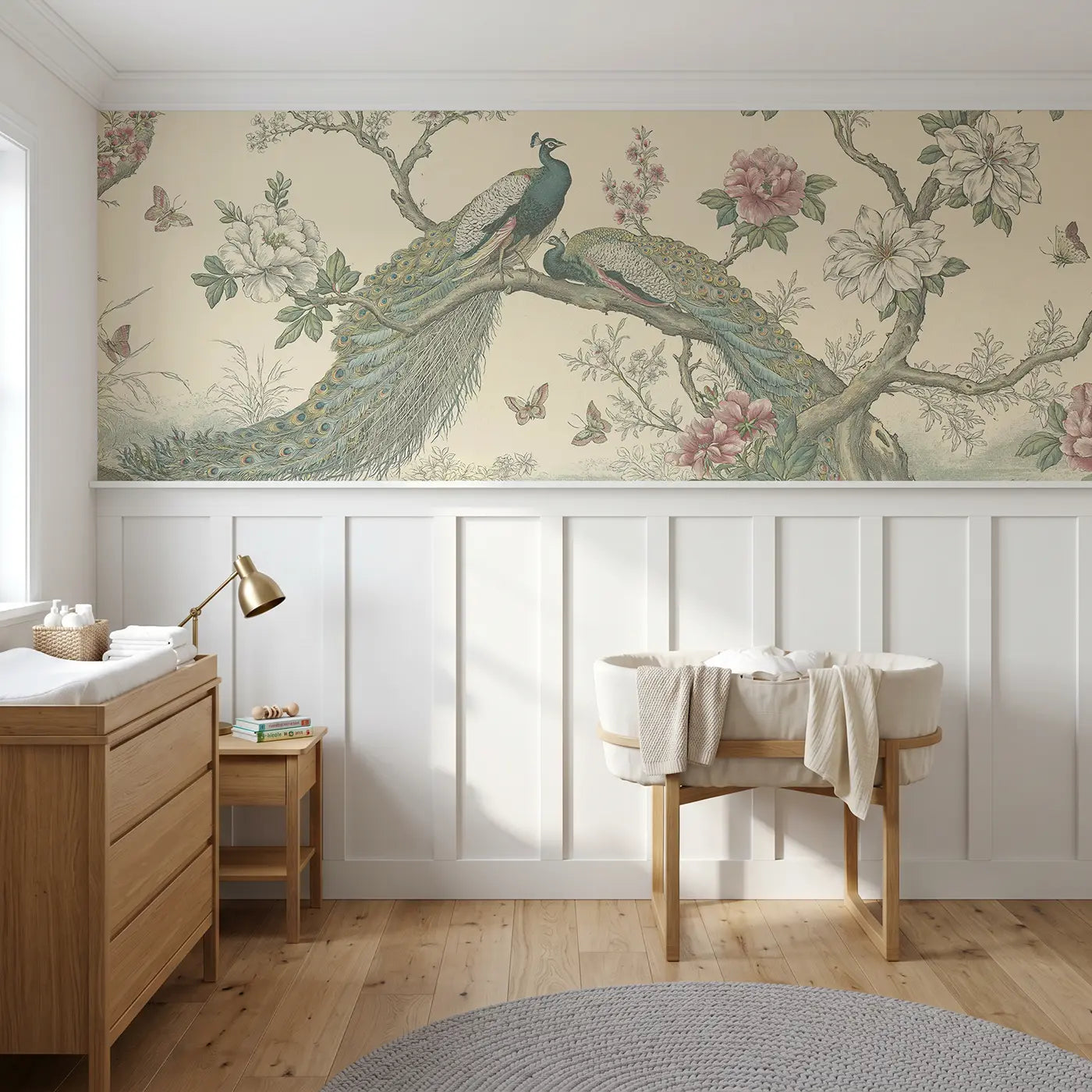 Botanical Elegance peacock garden branch wainscoting wallpaper for nursery by Whimsy Tots