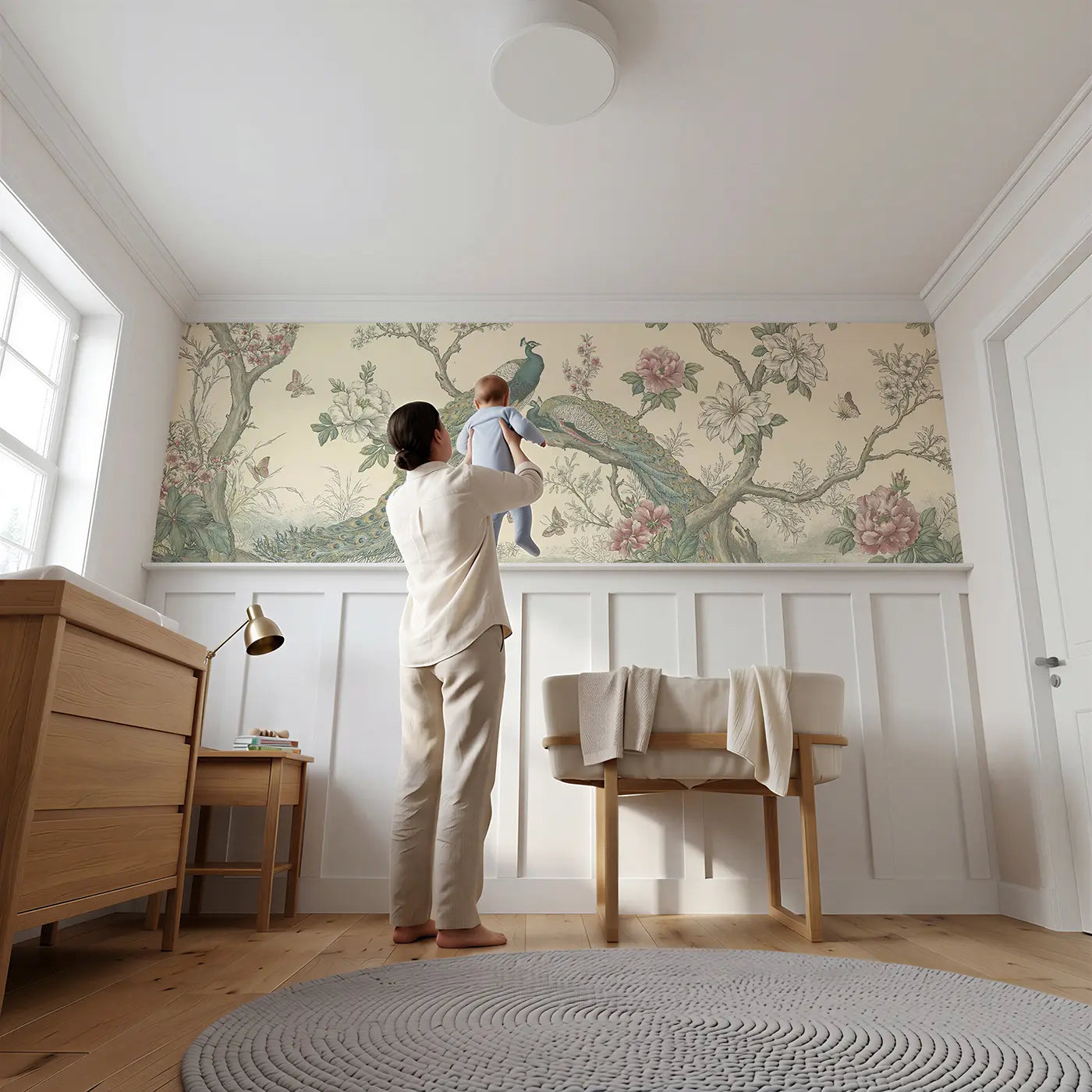 Child reading near Peacock Garden Branch Wainscoting Wallpaper by Whimsy Tots