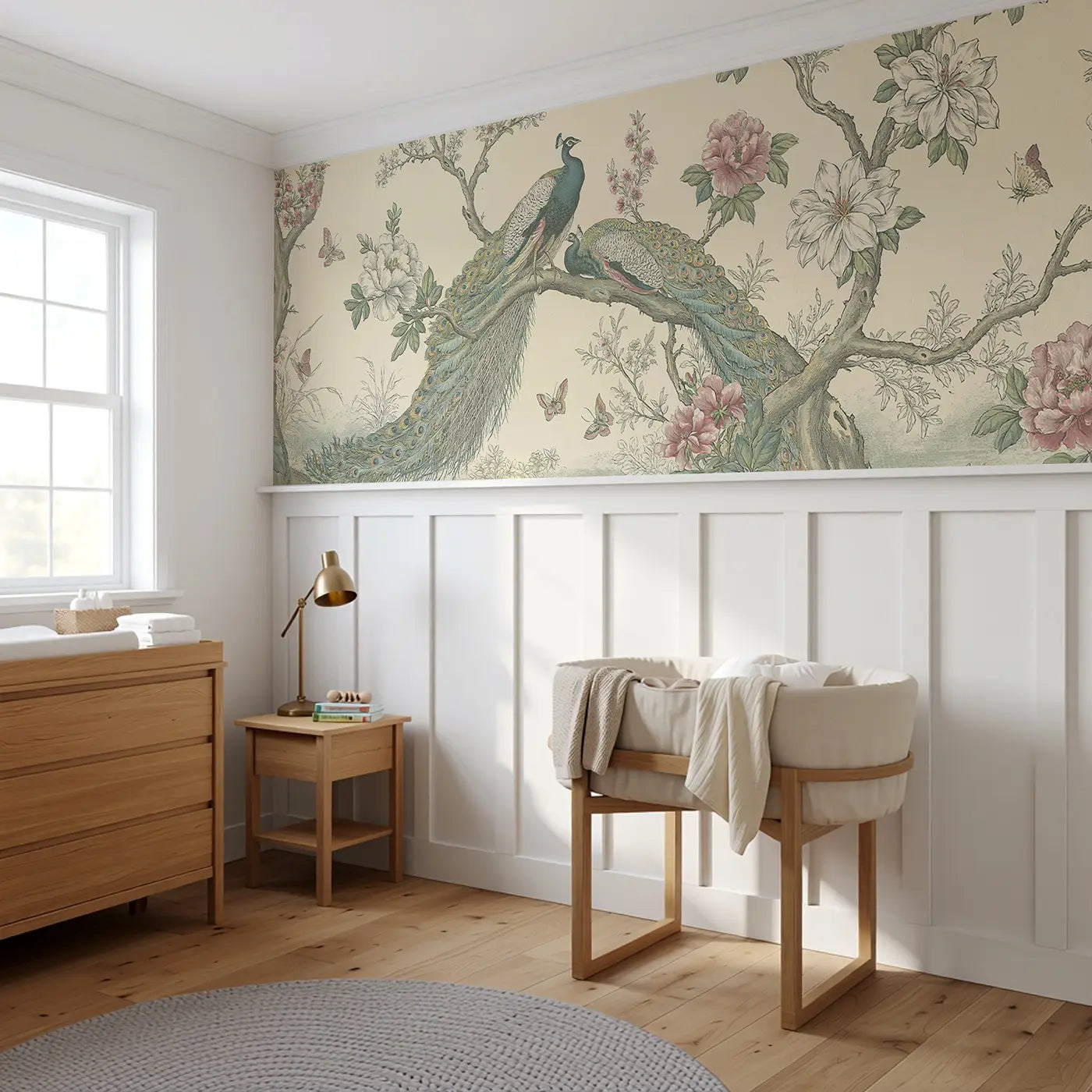 Peacock Garden Branch Wainscoting Wallpaper styled in a kids bedroom by Whimsy Tots