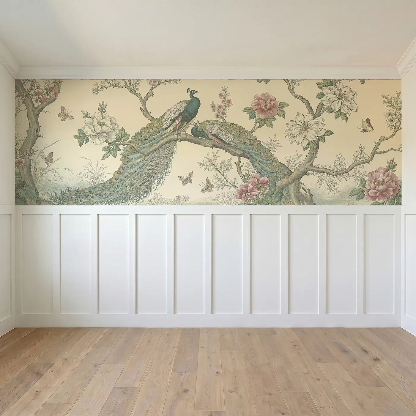 Full panel view of Peacock Garden Branch Wainscoting Wallpaper by Whimsy Tots