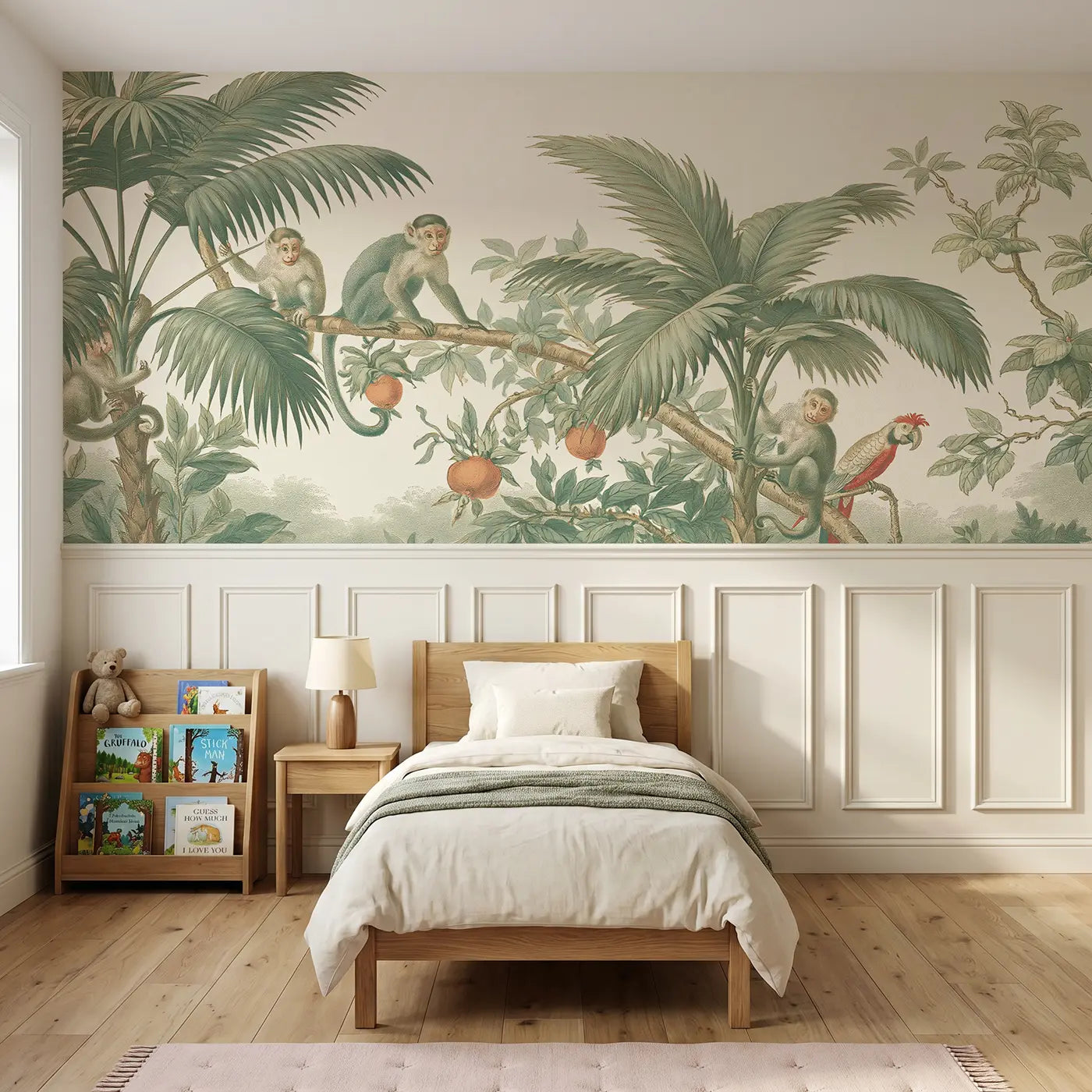 Botanical Elegance monkey palm canopy play wainscoting wallpaper for bedroom by Whimsy Tots