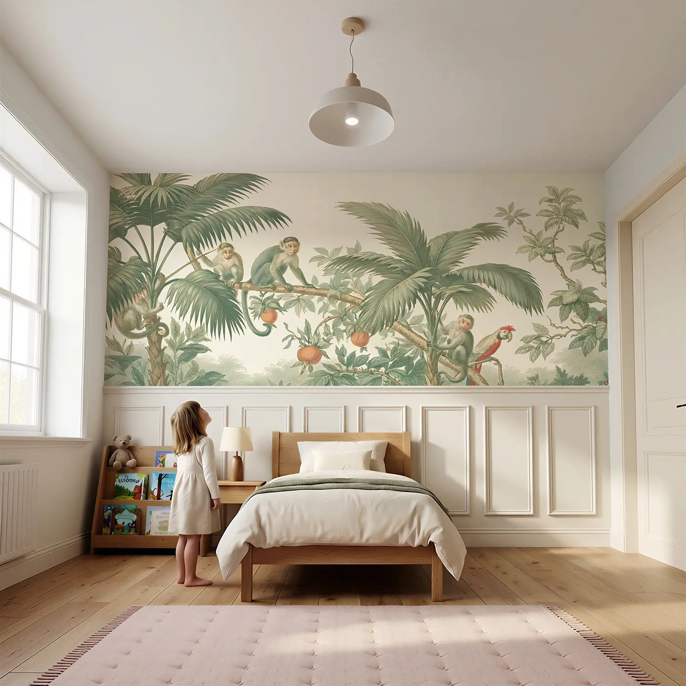 Child reading near Monkey Palm Canopy Play Wainscoting Wallpaper by Whimsy Tots
