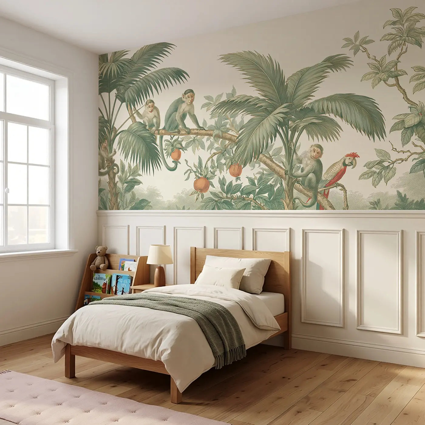 Monkey Palm Canopy Play Wainscoting Wallpaper styled in a kids bedroom by Whimsy Tots