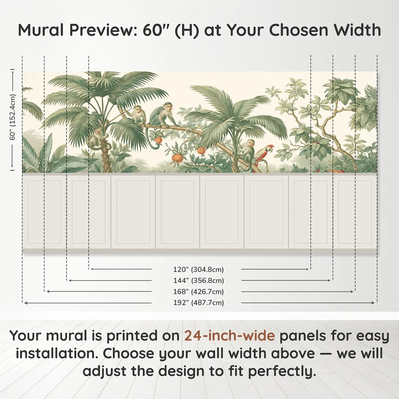 Panel dimensions for Monkey Palm Canopy Play Wainscoting Wallpaper by Whimsy Tots