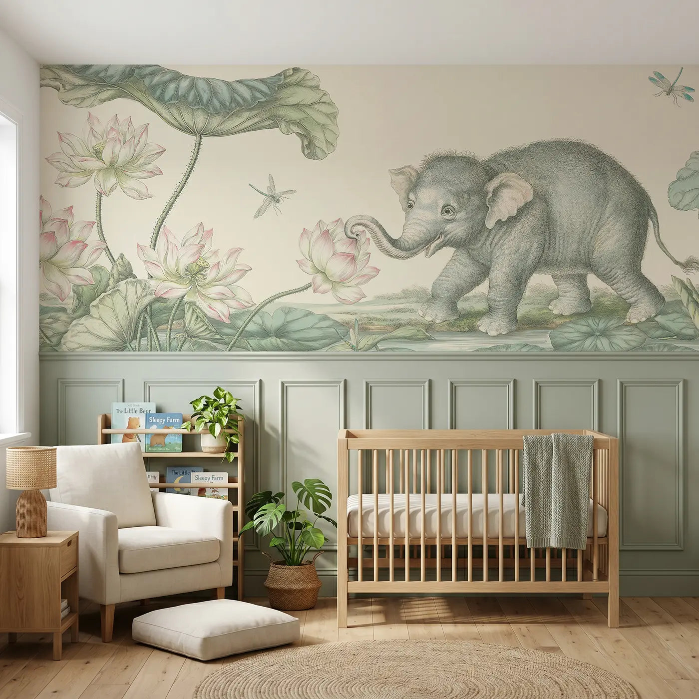Botanical Elegance elephant lotus pond toile wainscoting wallpaper for nursery by Whimsy Tots