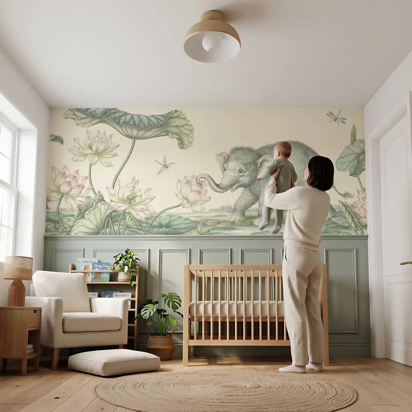 Child reading near Elephant Lotus Pond Toile Wainscoting Wallpaper by Whimsy Tots