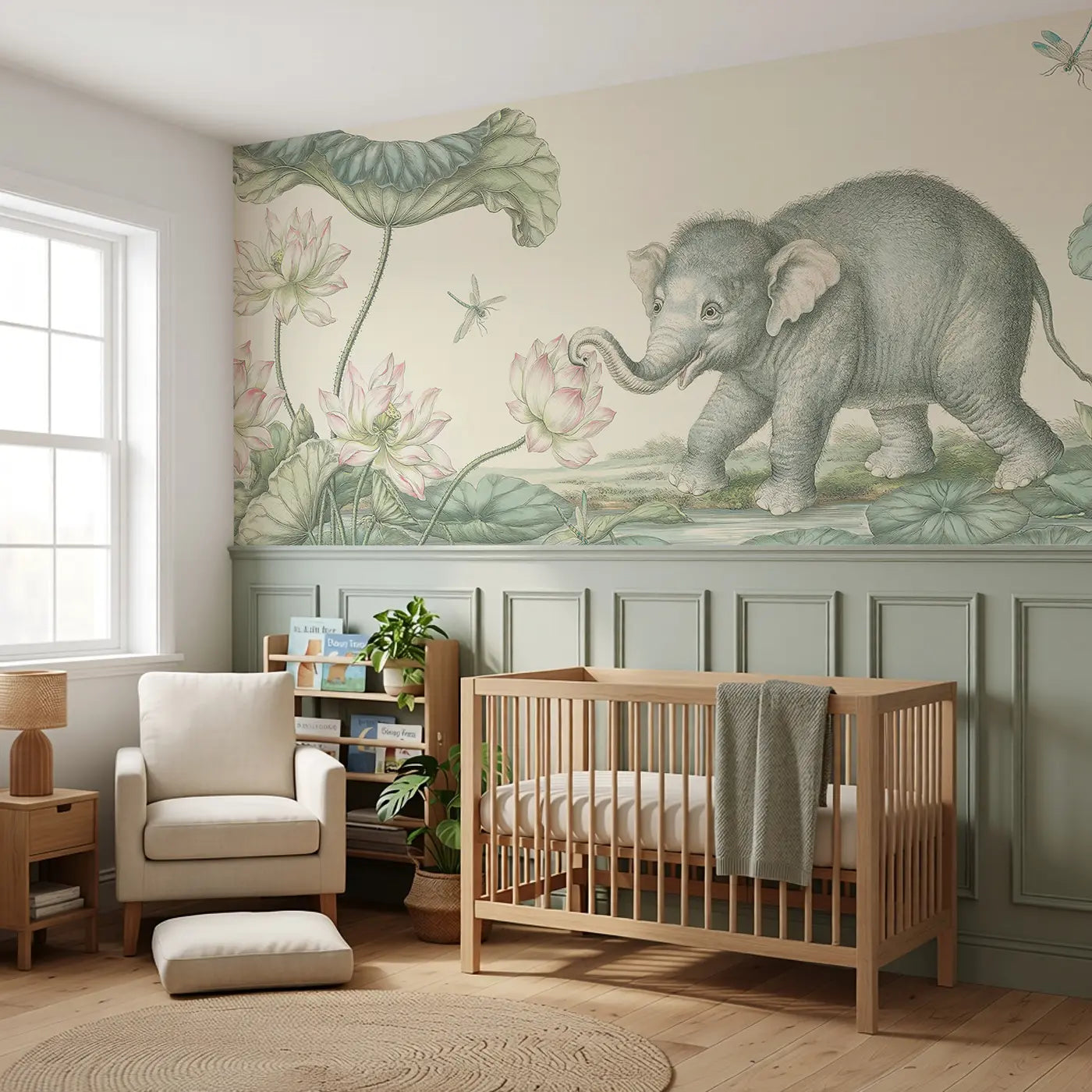 Elephant Lotus Pond Toile Wainscoting Wallpaper styled in a kids bedroom by Whimsy Tots