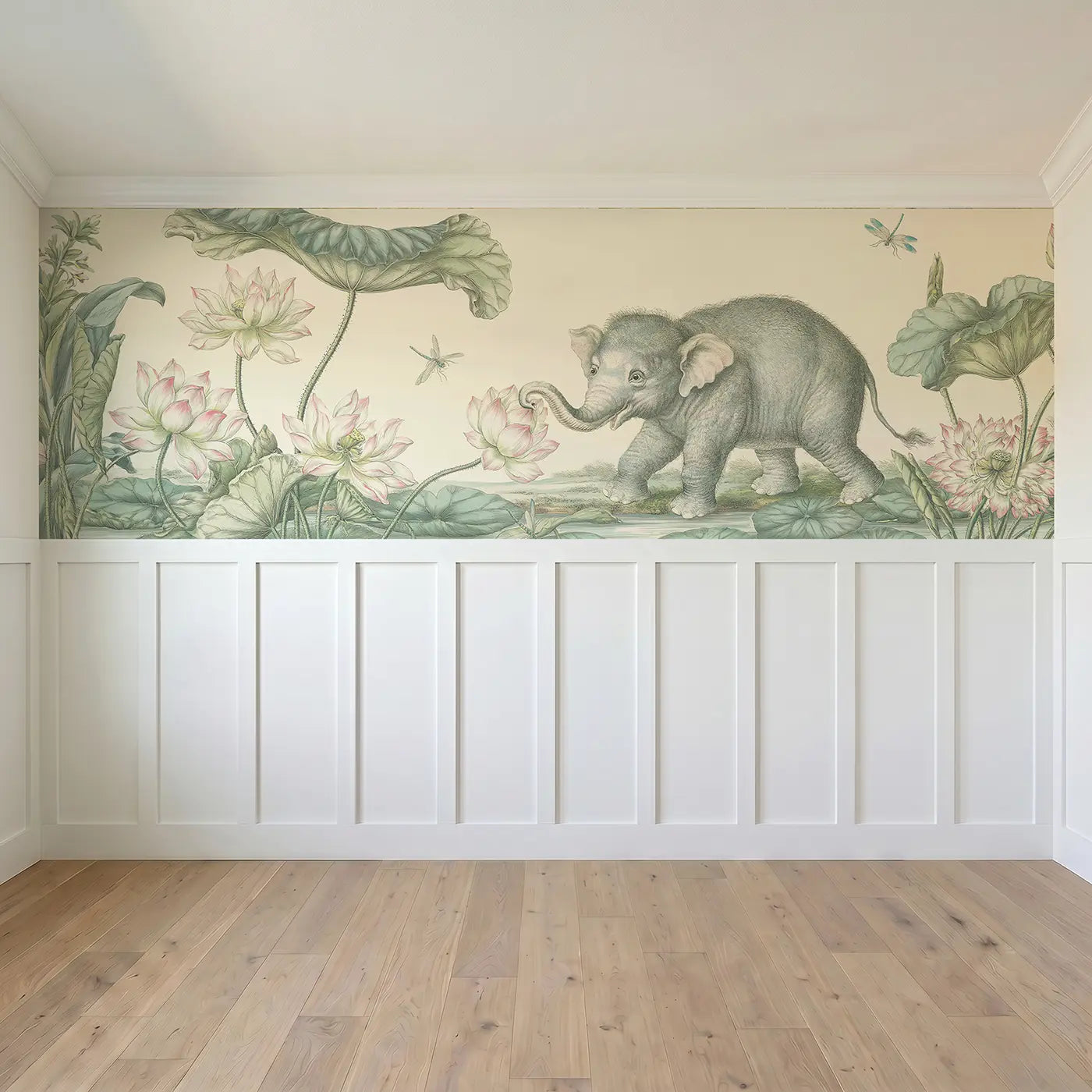 Full panel view of Elephant Lotus Pond Toile Wainscoting Wallpaper by Whimsy Tots