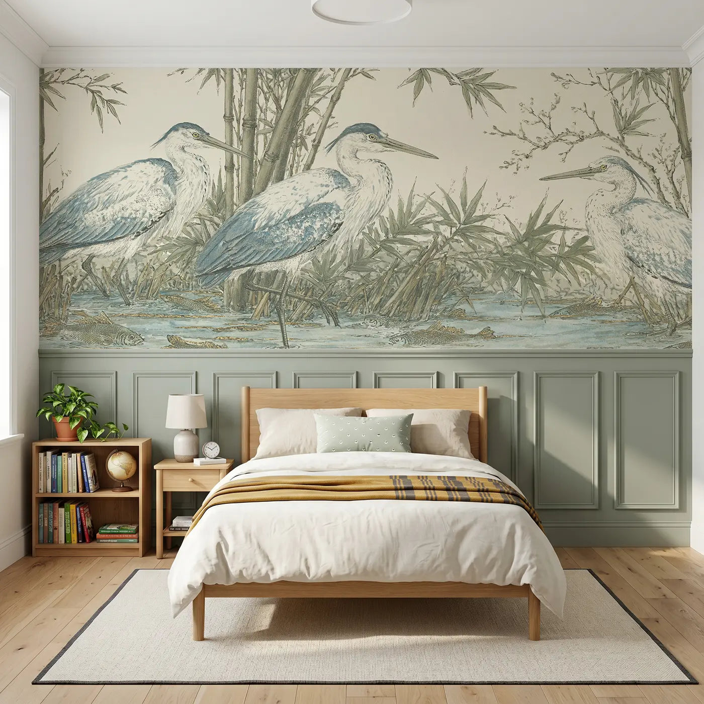 Botanical Elegance heron bamboo safari lake wainscoting wallpaper for bedroom by Whimsy Tots