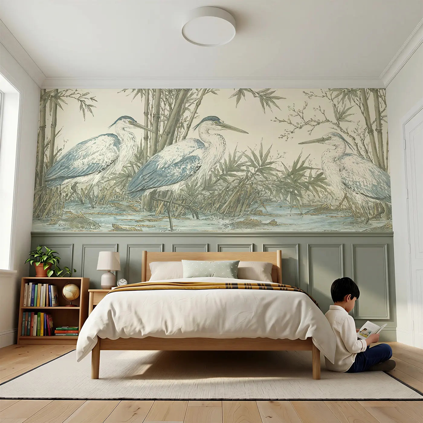 Child reading near Heron Bamboo Safari Lake Wainscoting Wallpaper by Whimsy Tots