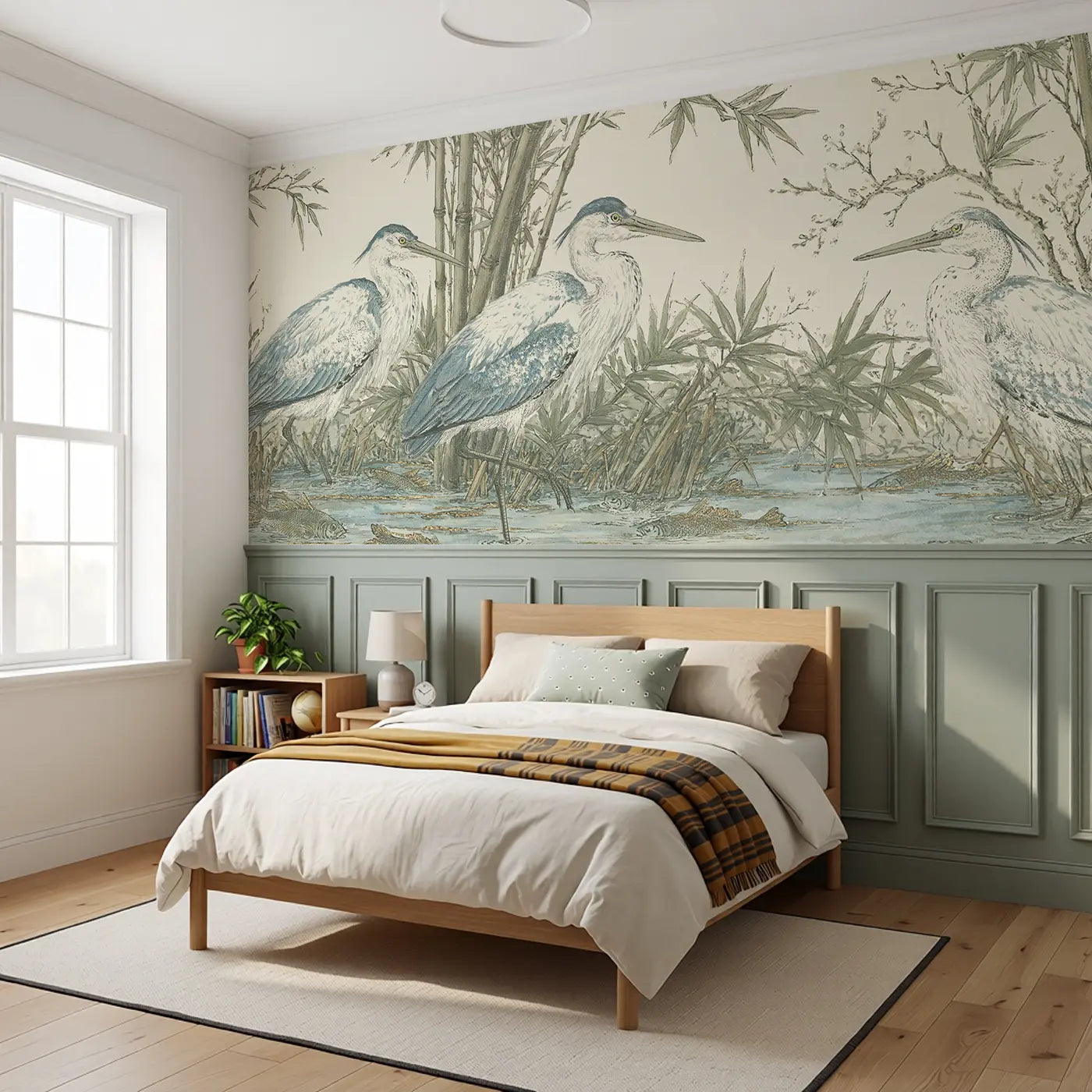 Heron Bamboo Safari Lake Wainscoting Wallpaper styled in a kids bedroom by Whimsy Tots