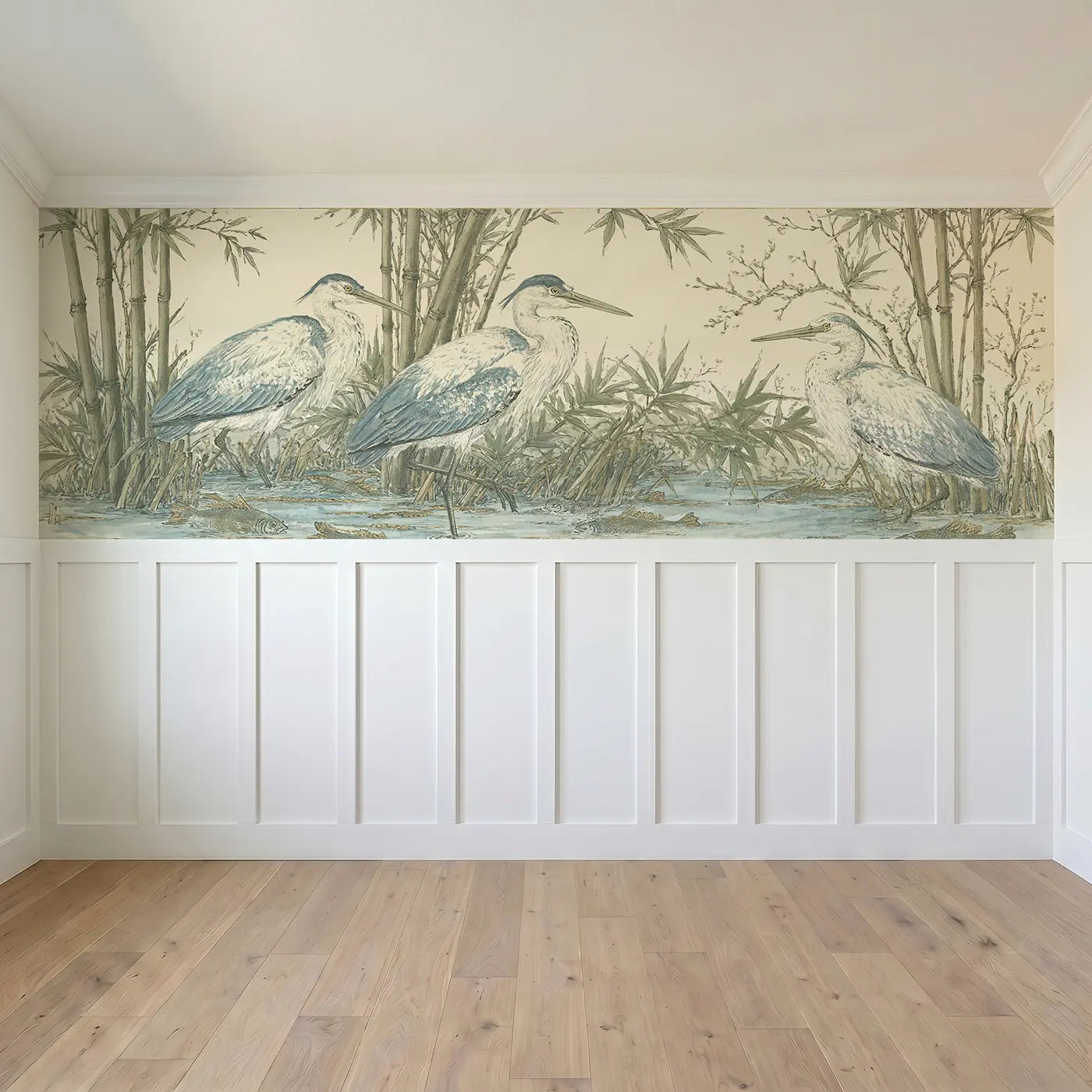 Full panel view of Heron Bamboo Safari Lake Wainscoting Wallpaper by Whimsy Tots