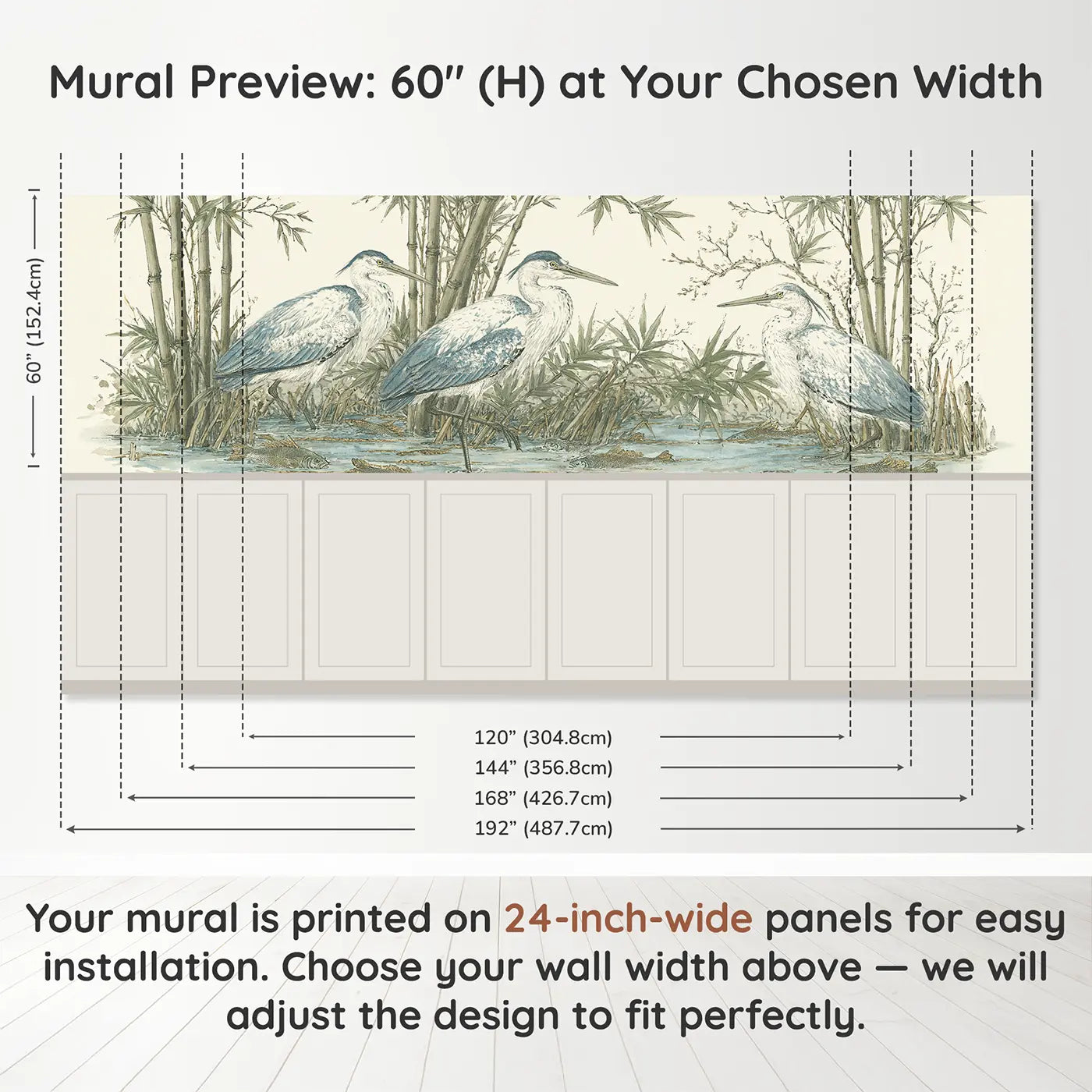 Panel dimensions for Heron Bamboo Safari Lake Wainscoting Wallpaper by Whimsy Tots