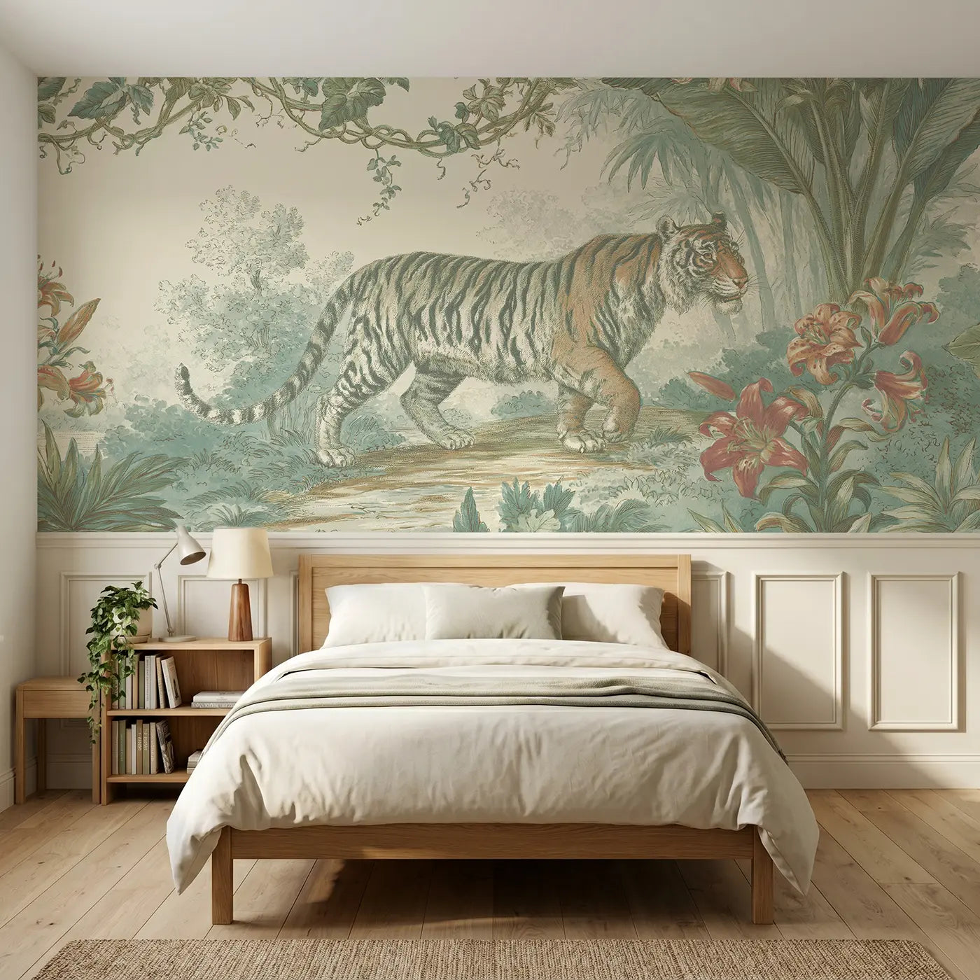Botanical Elegance tiger lily jungle path wainscoting wallpaper for bedroom by Whimsy Tots