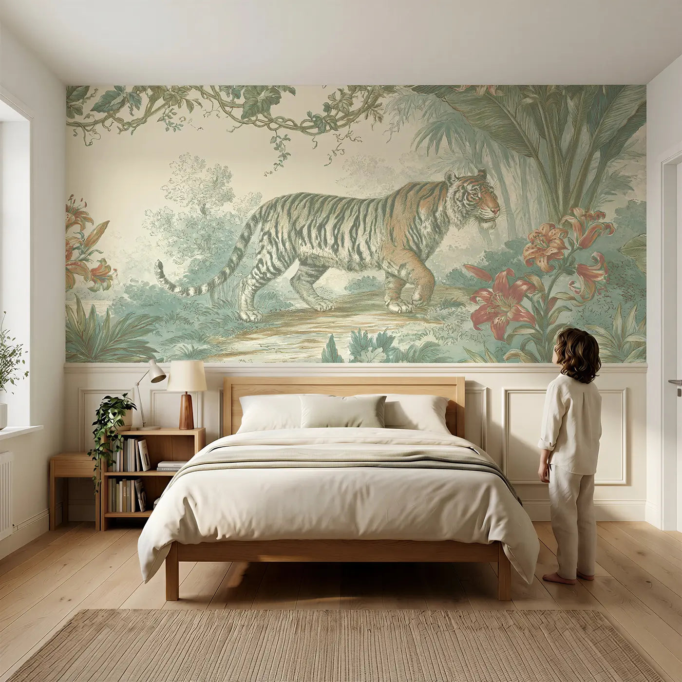 Child reading near Tiger Lily Jungle Path Wainscoting Wallpaper by Whimsy Tots