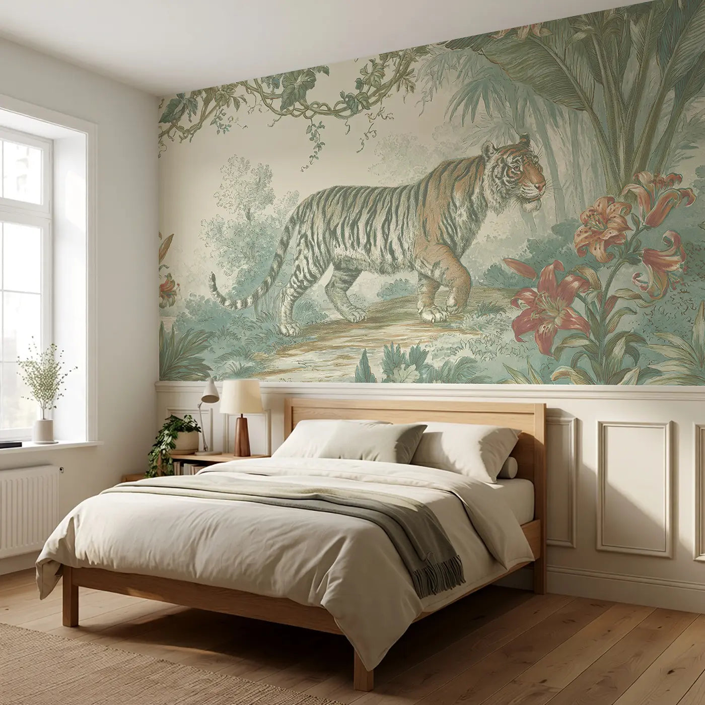 Tiger Lily Jungle Path Wainscoting Wallpaper styled in a kids bedroom by Whimsy Tots